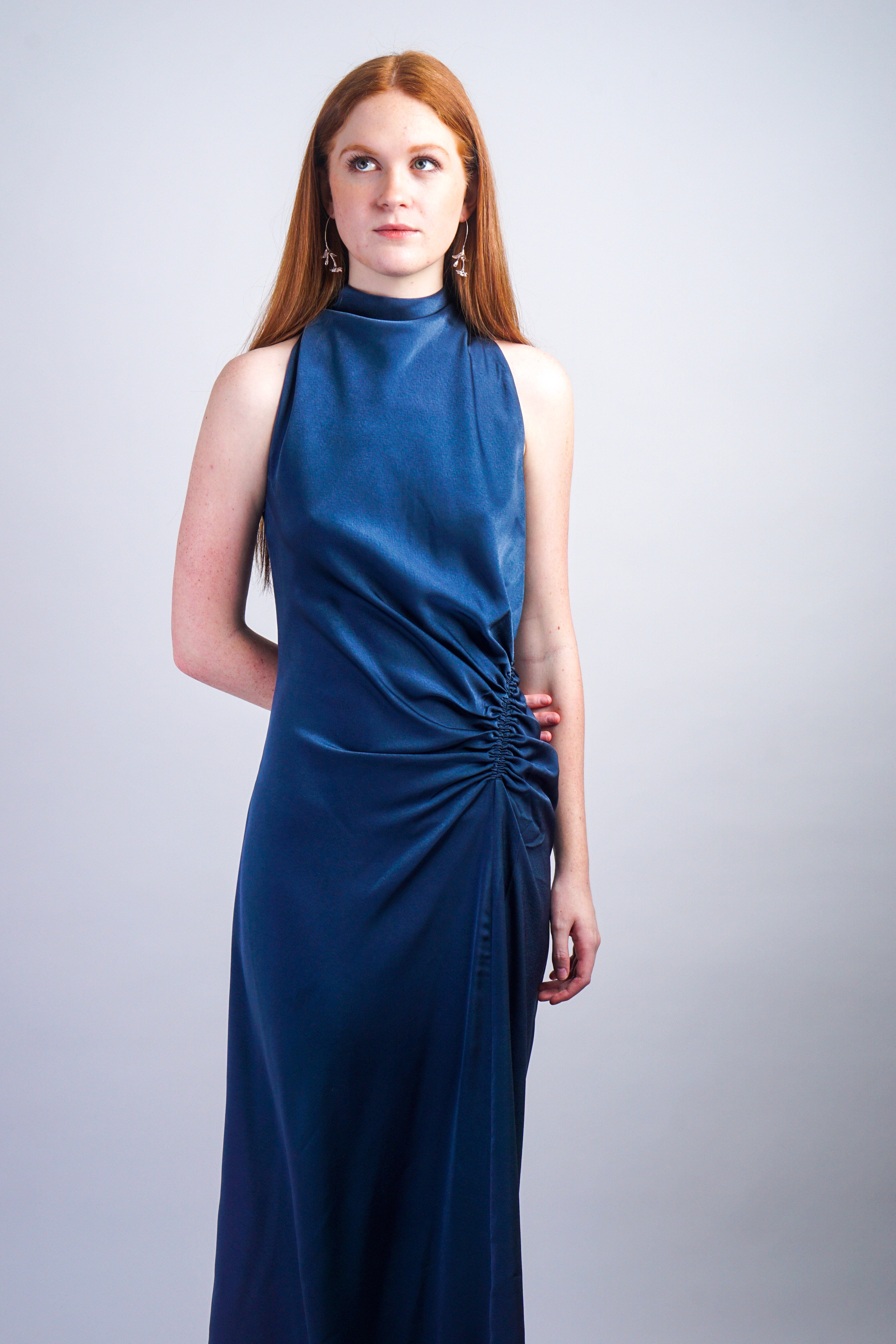 Private Label DRESSES Midnight Blue Satin Mock Neck Shirring Dress