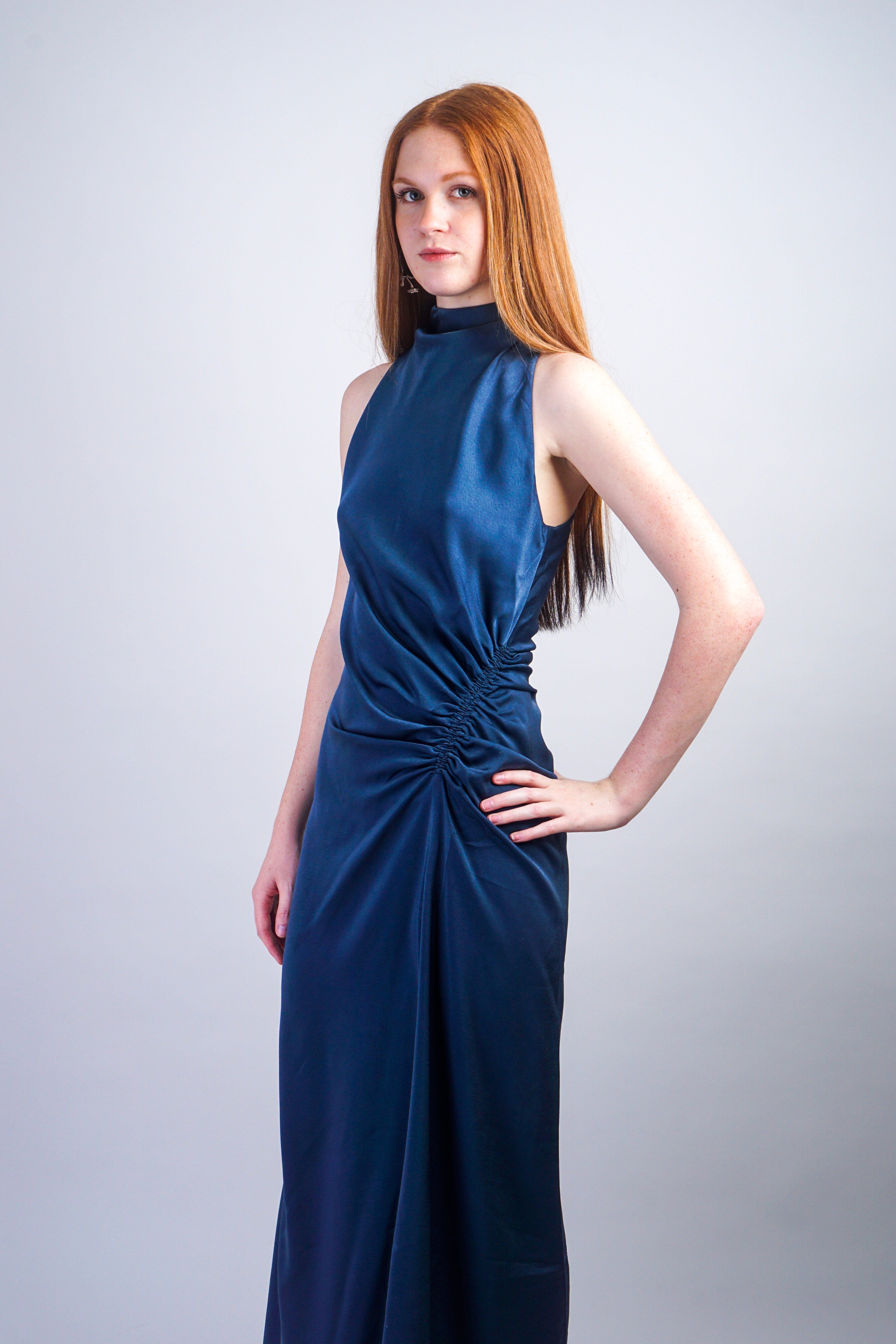 Private Label DRESSES Midnight Blue Satin Mock Neck Shirring Dress