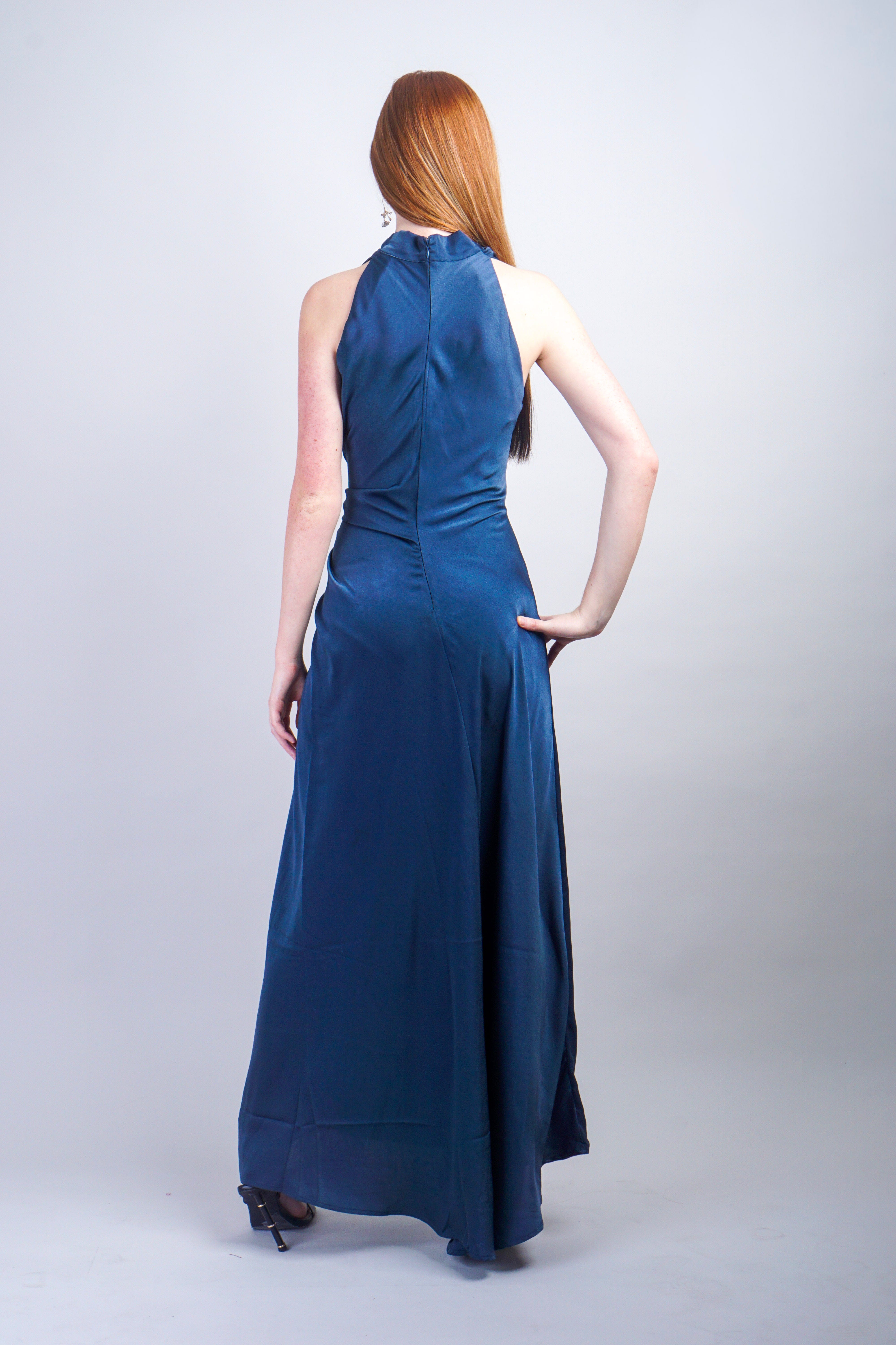 Private Label DRESSES Midnight Blue Satin Mock Neck Shirring Dress