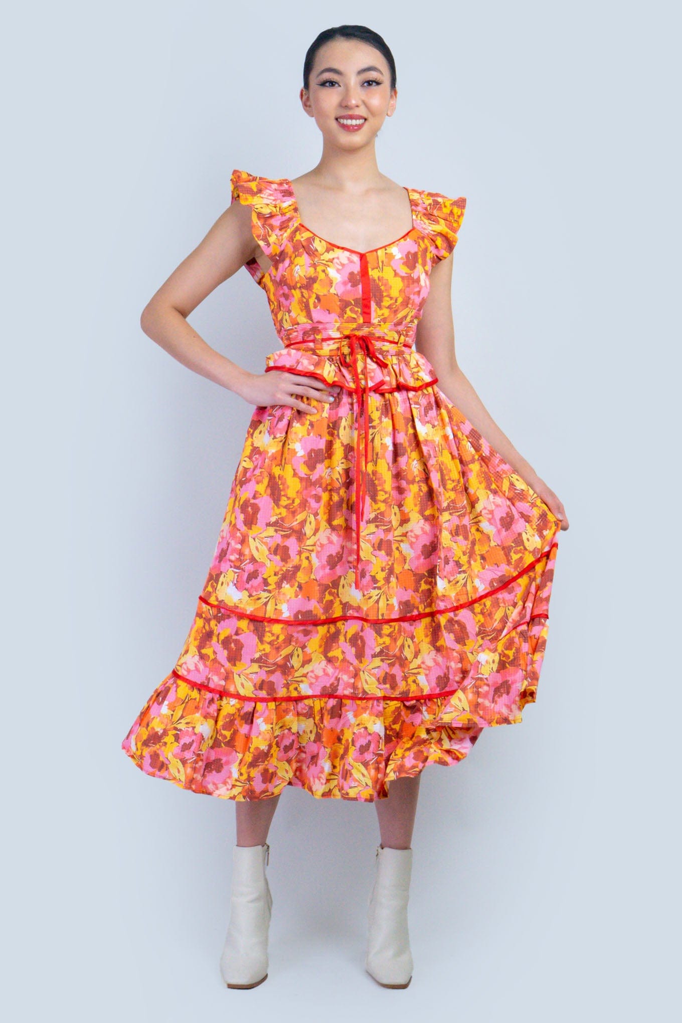 DCD DRESSES Multi Floral Red Piping Midi Dress