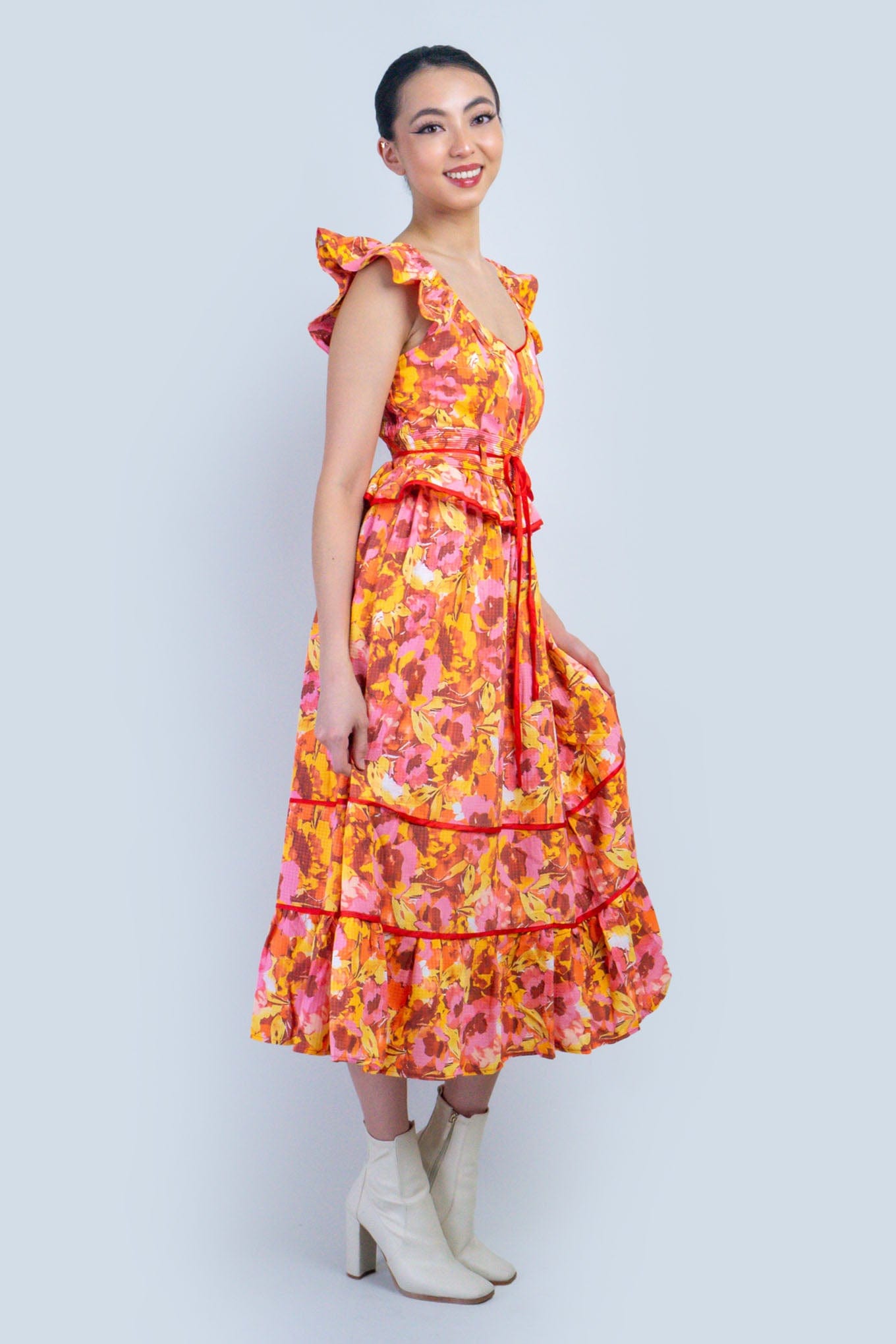 DCD DRESSES Multi Floral Red Piping Midi Dress