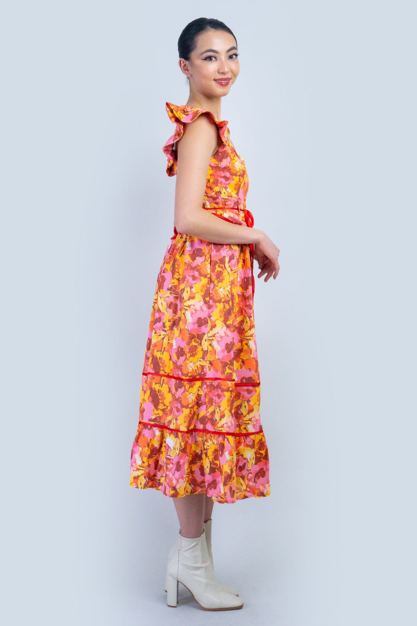 DCD DRESSES Multi Floral Red Piping Midi Dress