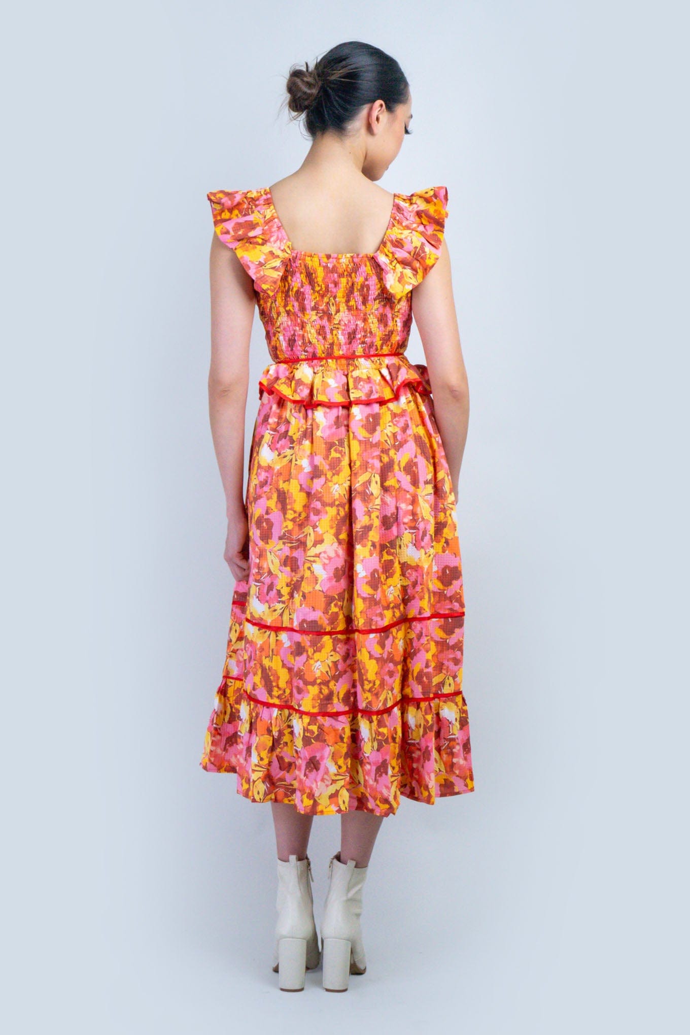 DCD DRESSES Multi Floral Red Piping Midi Dress