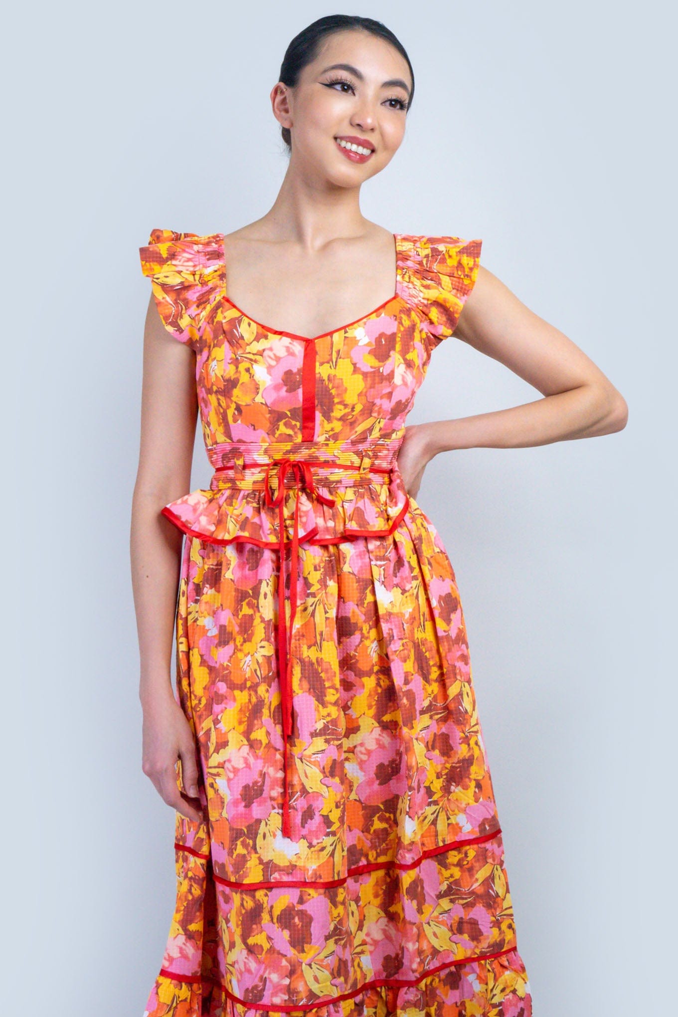 DCD DRESSES Multi Floral Red Piping Midi Dress