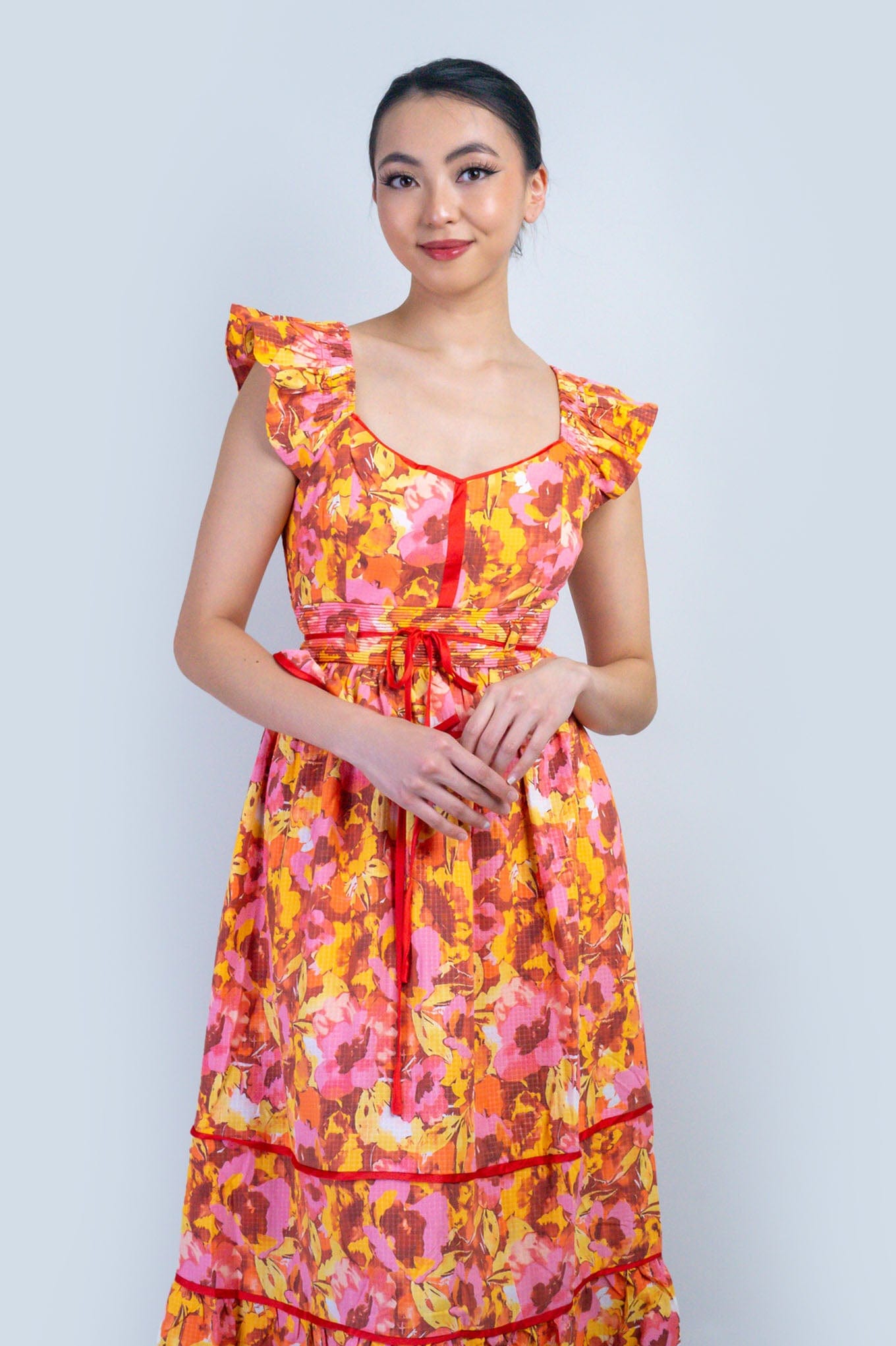 DCD DRESSES Multi Floral Red Piping Midi Dress