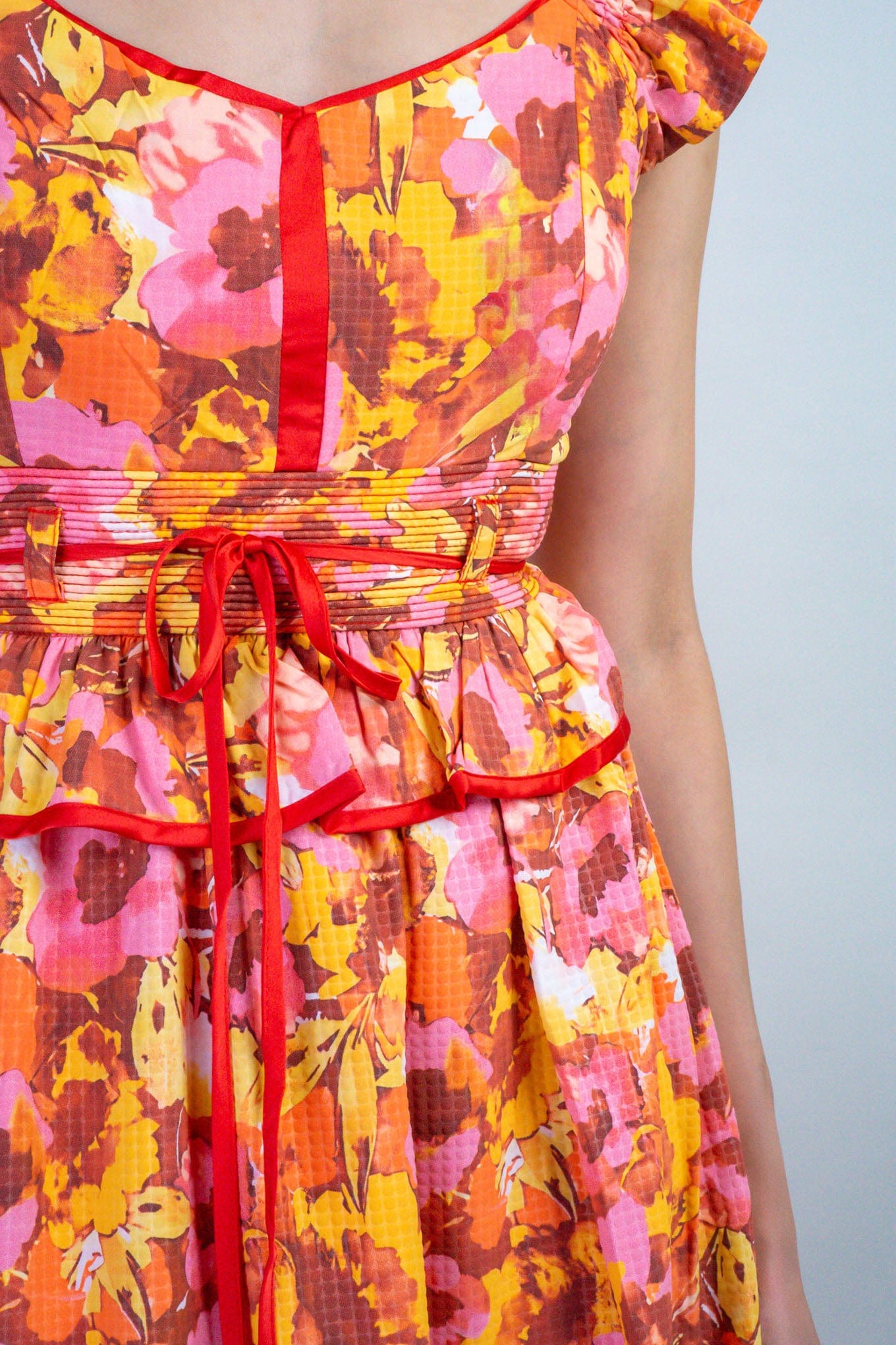 DCD DRESSES Multi Floral Red Piping Midi Dress