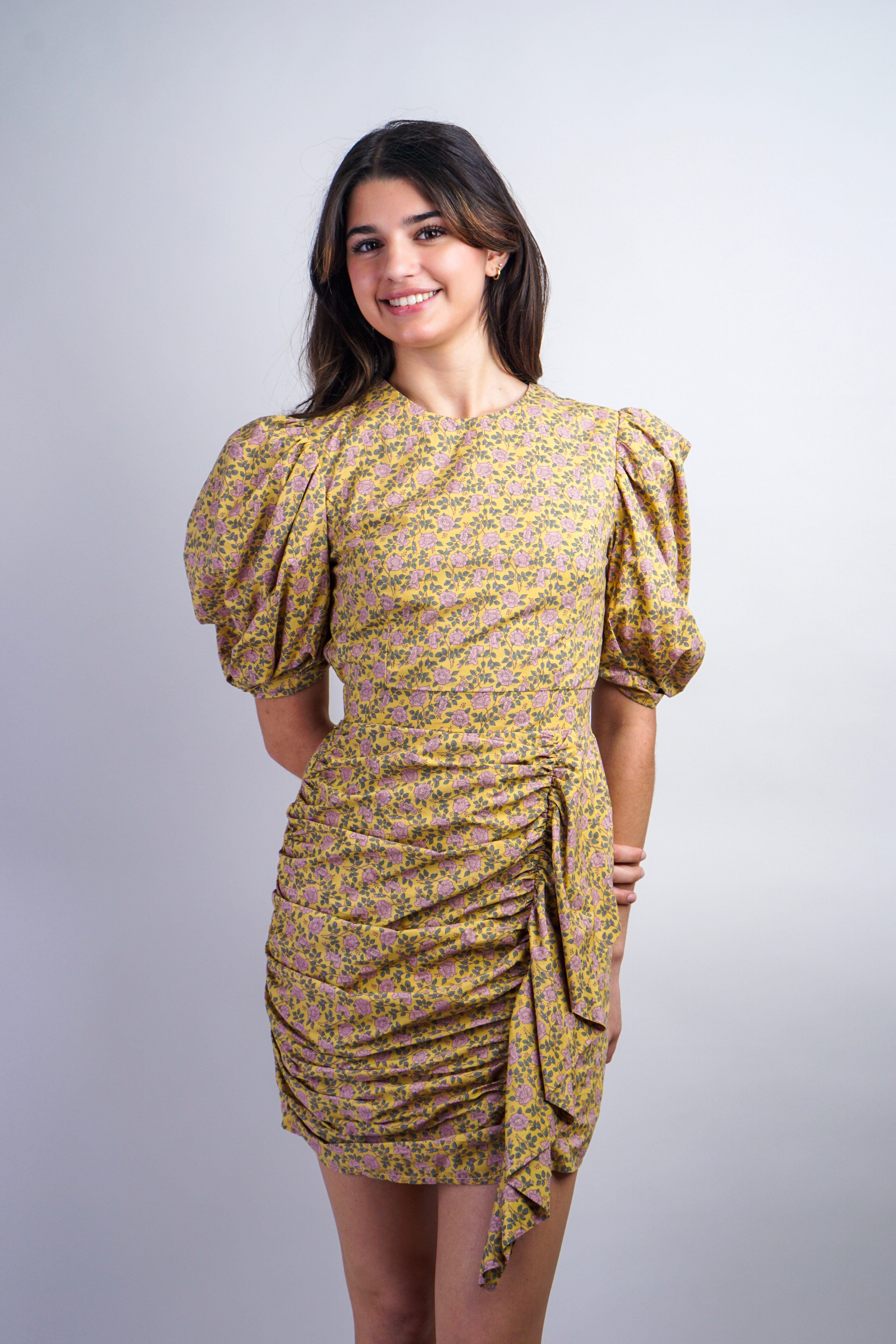 Private Label DRESSES Mustard Flowers Side Drape Dress