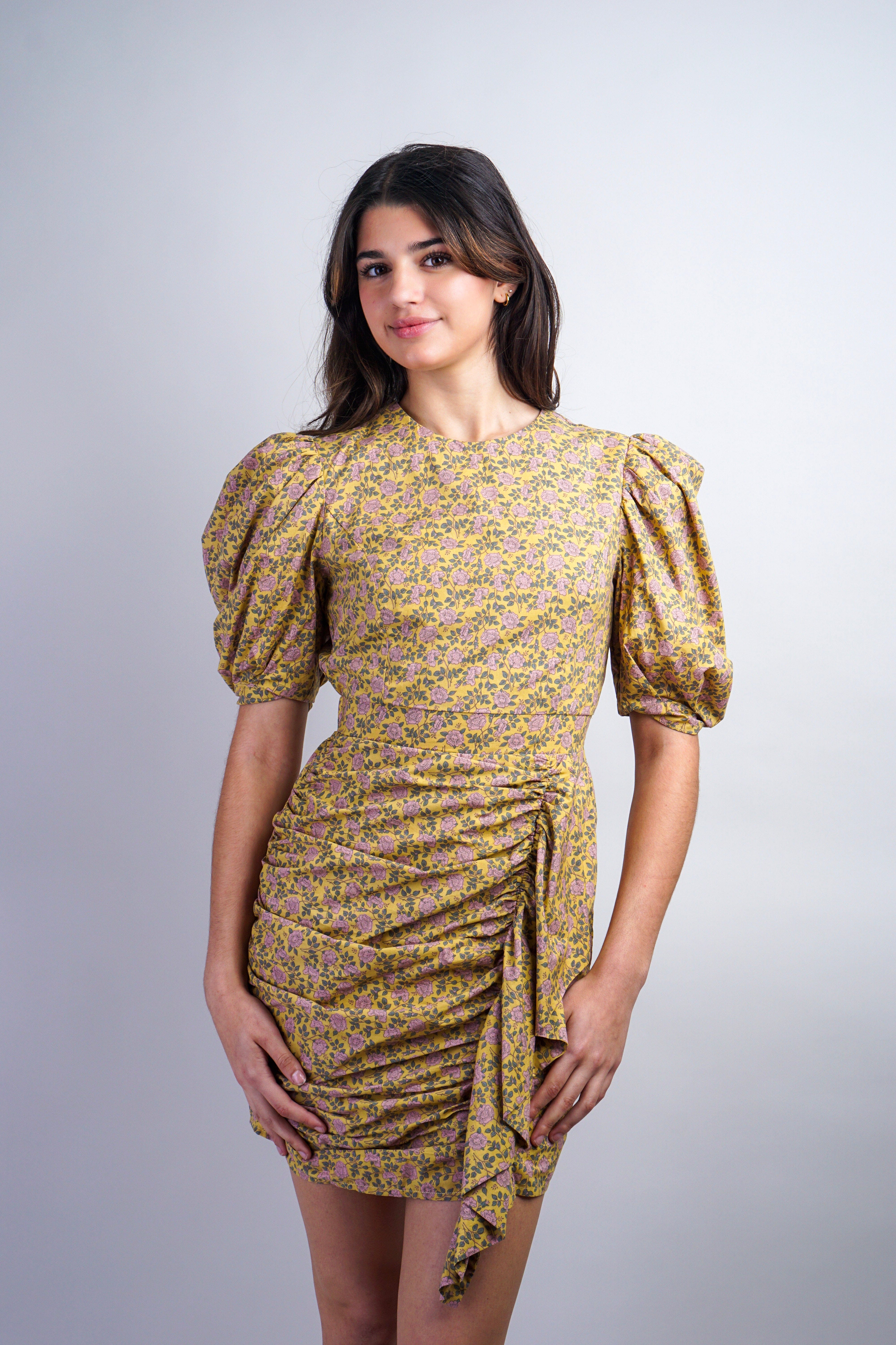 Private Label DRESSES Mustard Flowers Side Drape Dress