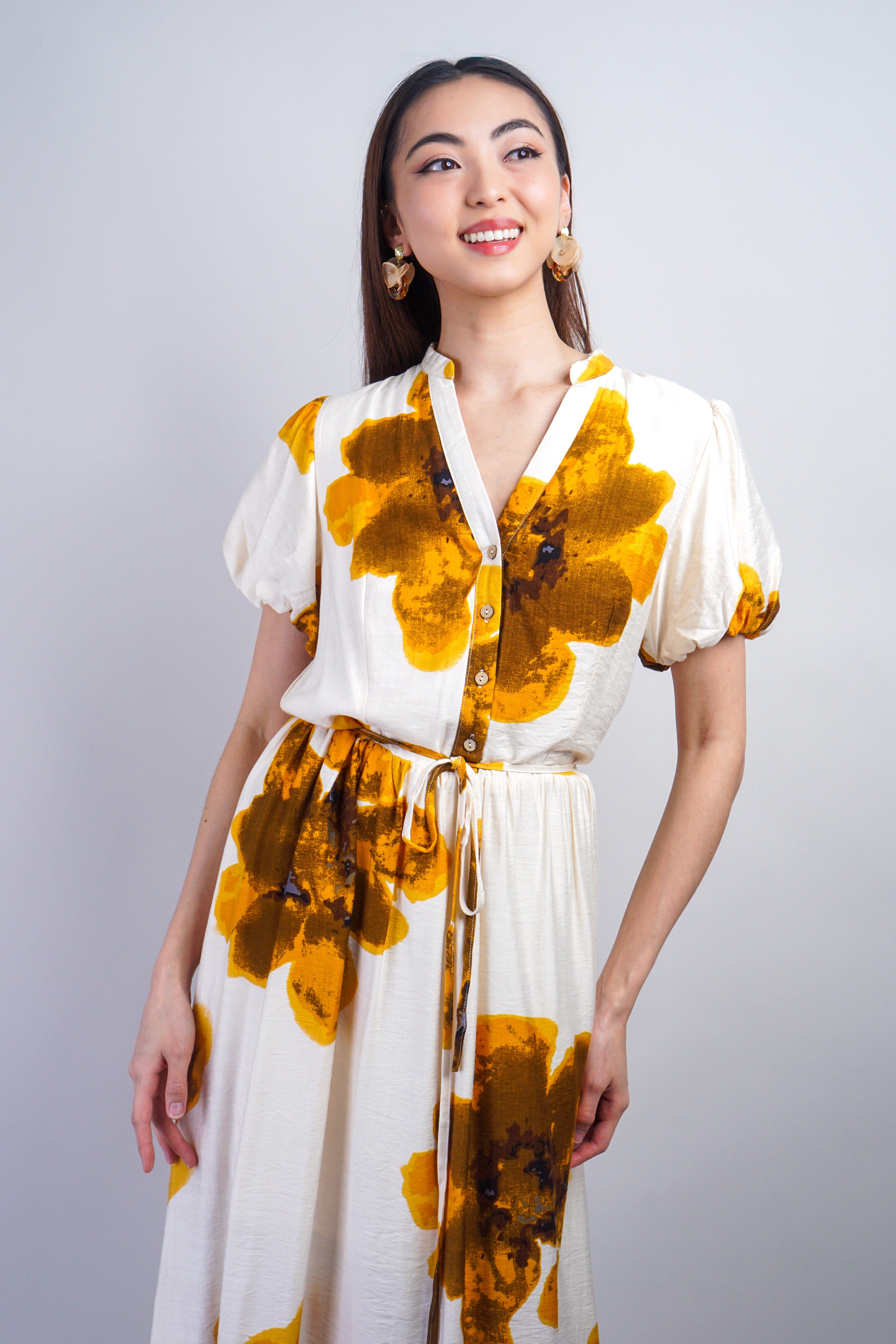 Private Label DRESSES Mustard White Floral Puff Sleeve Dress