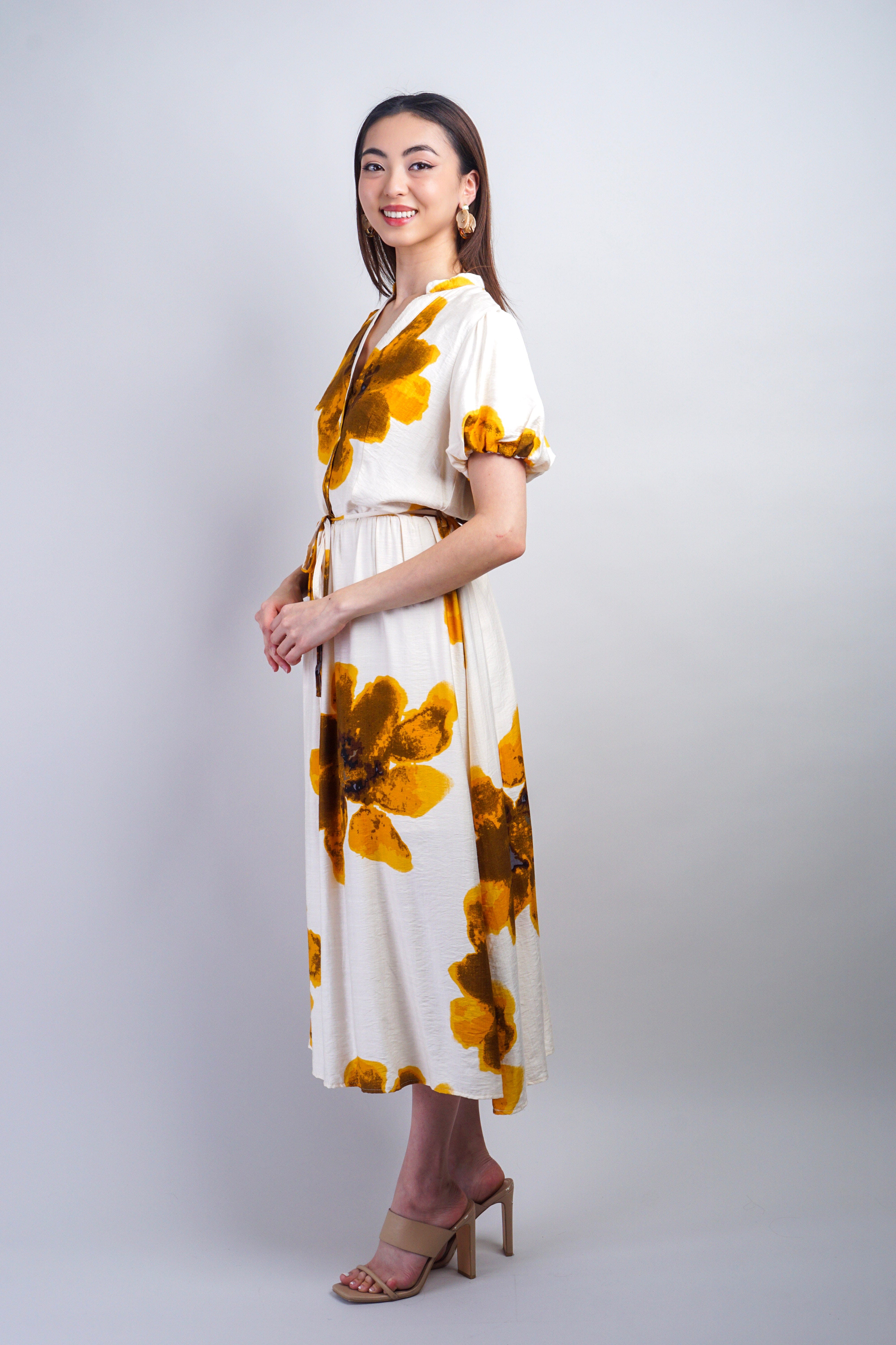 Private Label DRESSES Mustard White Floral Puff Sleeve Dress