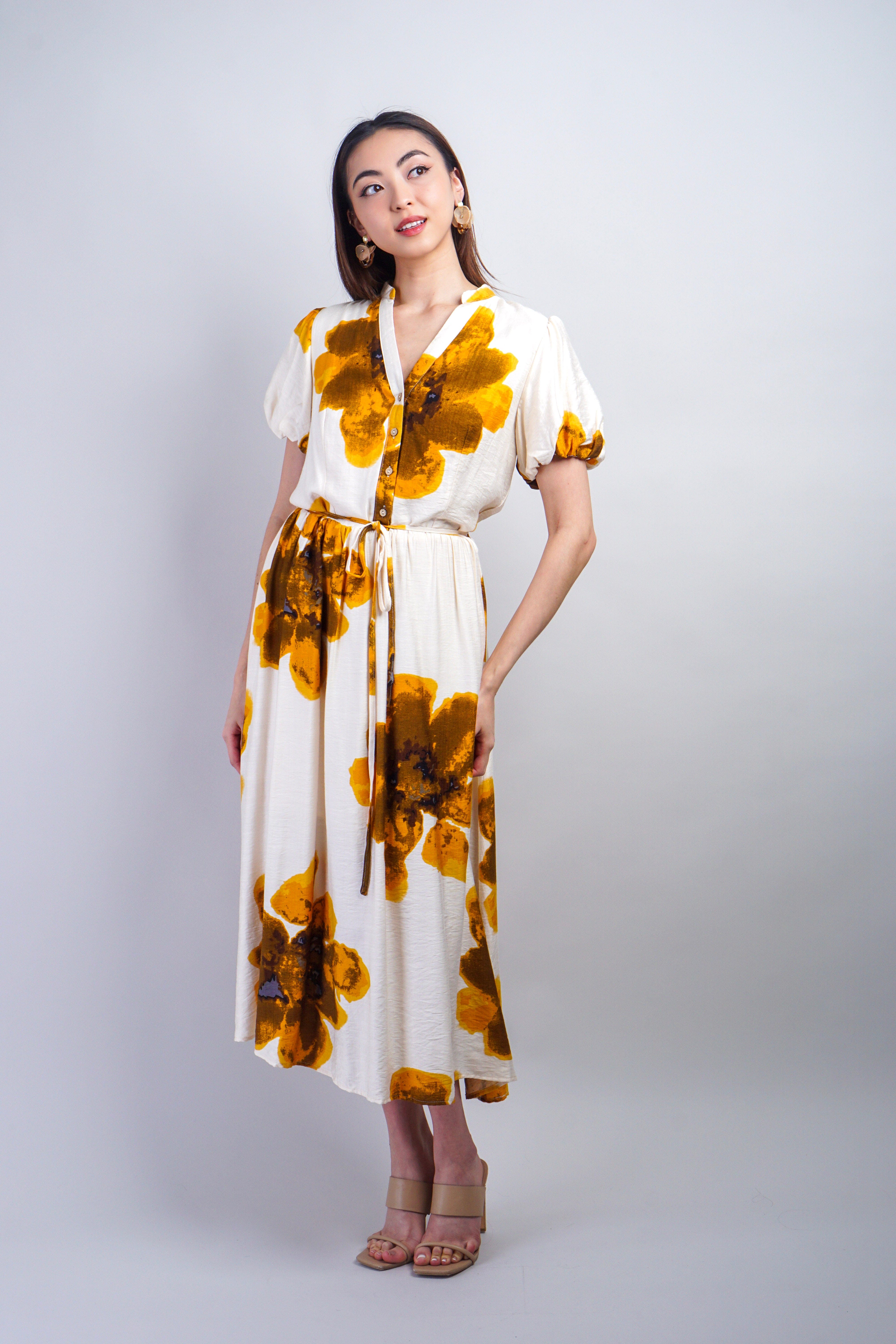 Private Label DRESSES Mustard White Floral Puff Sleeve Dress