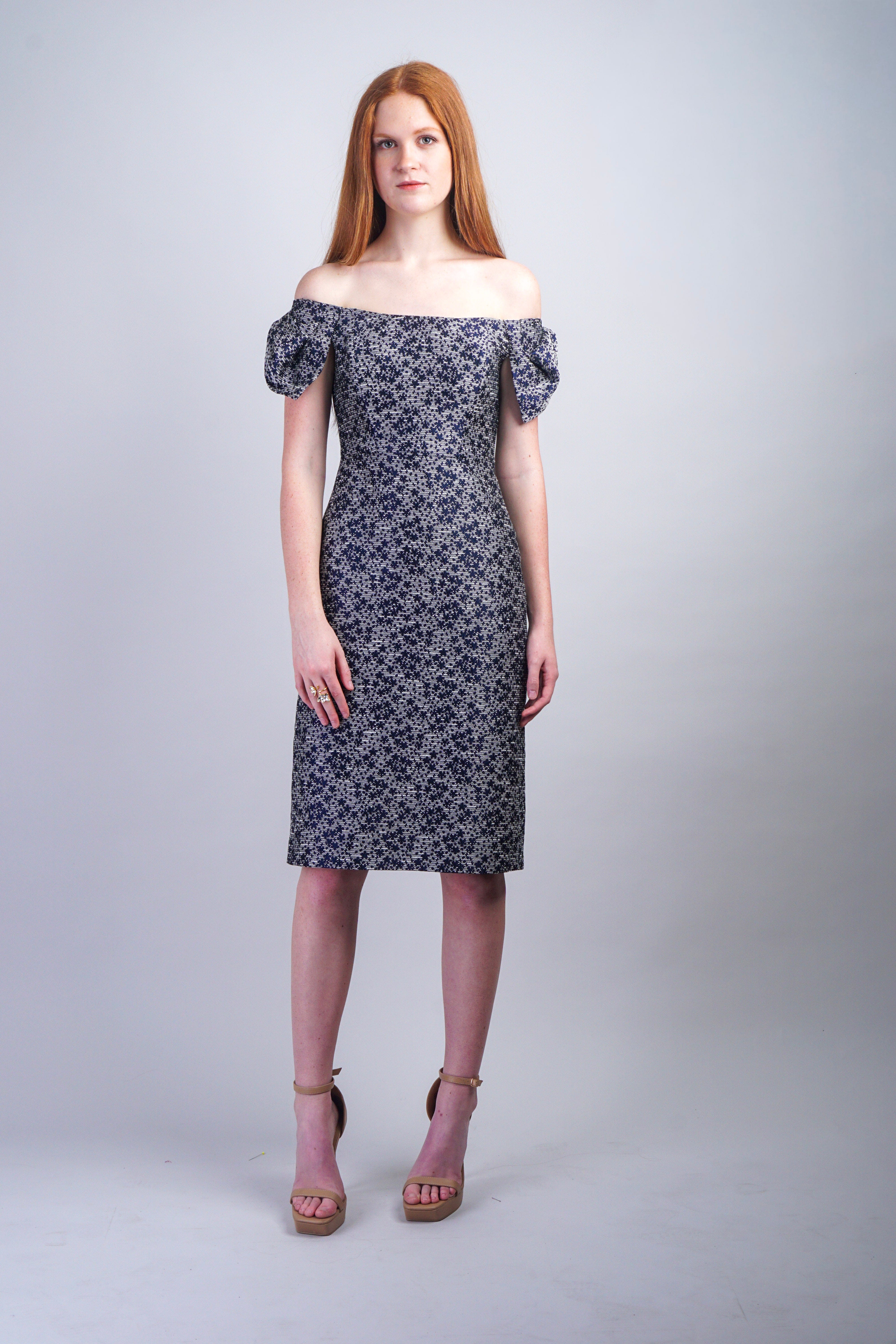 Chloe Dao DRESSES Navy Floral Off Shoulder Bow Marin Dress