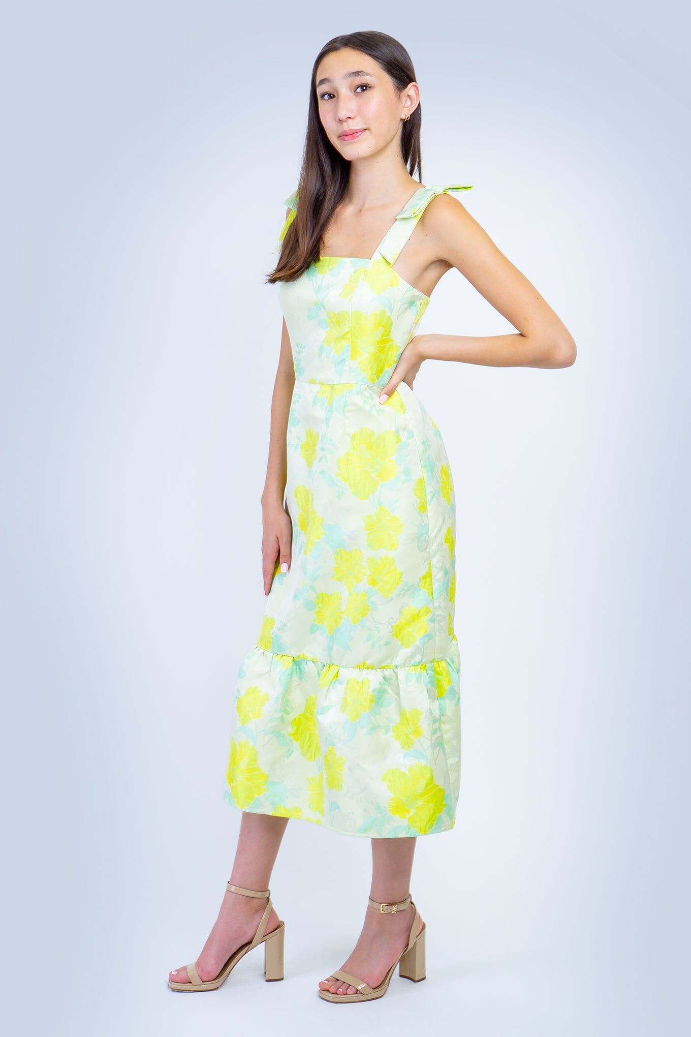 knee length dresses for ladies Carole Yellow Multi Floral Print Wrap Bodice Sunray Pleated Skirt Midi –  Scarlett & Jo main image 1