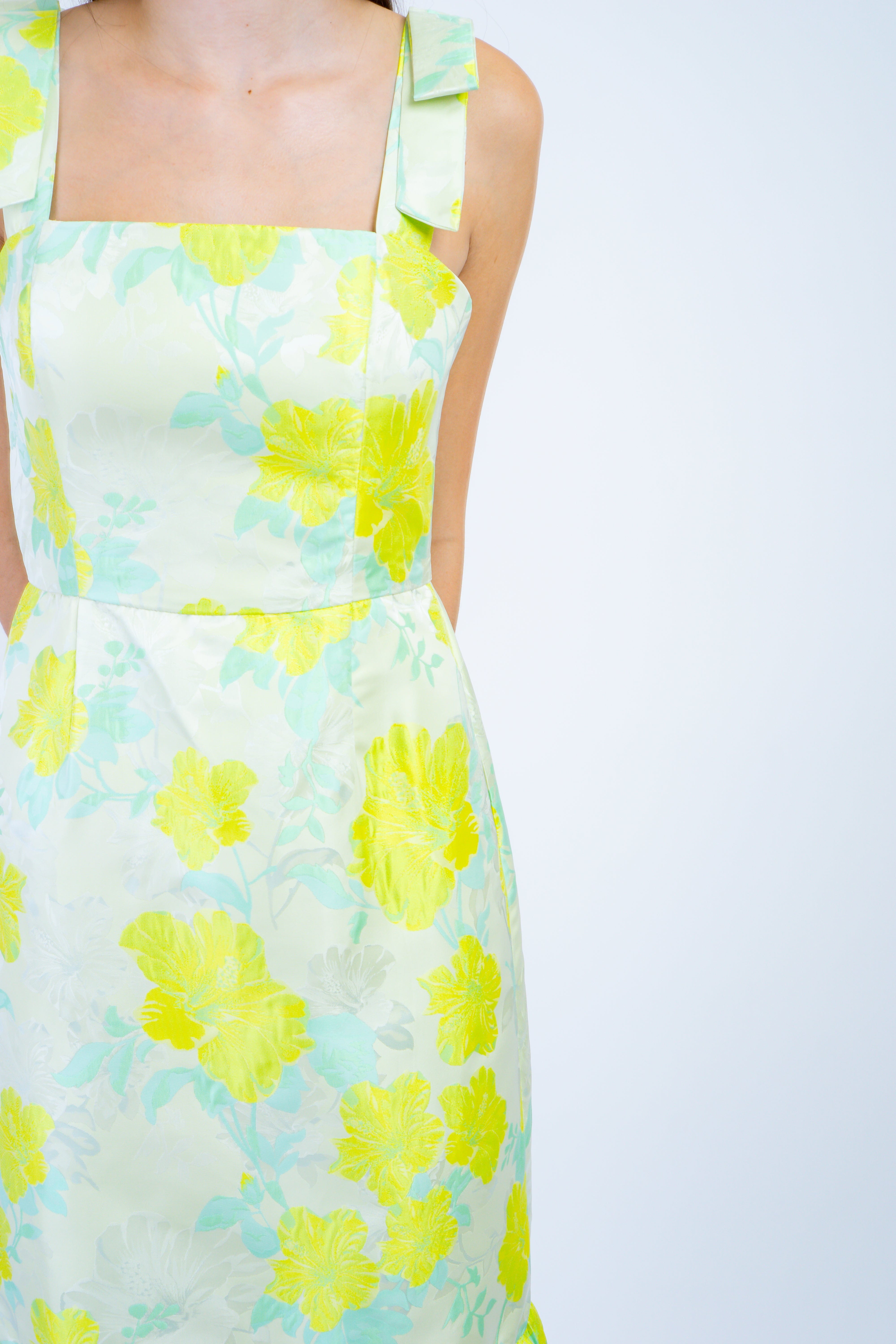 DCD DRESSES Neon Yellow Mint Floral Square Midi Dress