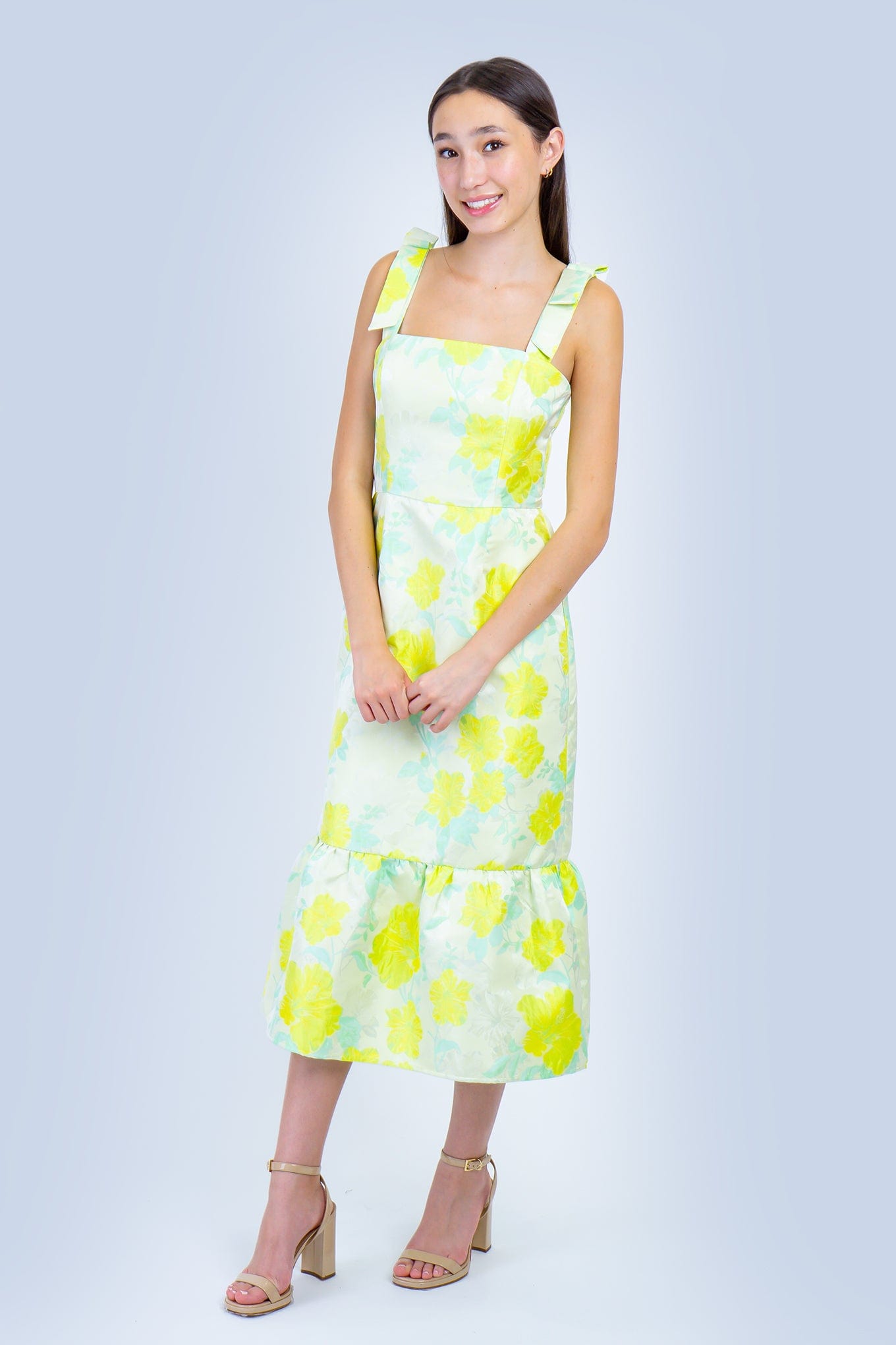 DCD DRESSES Neon Yellow Mint Floral Square Midi Dress