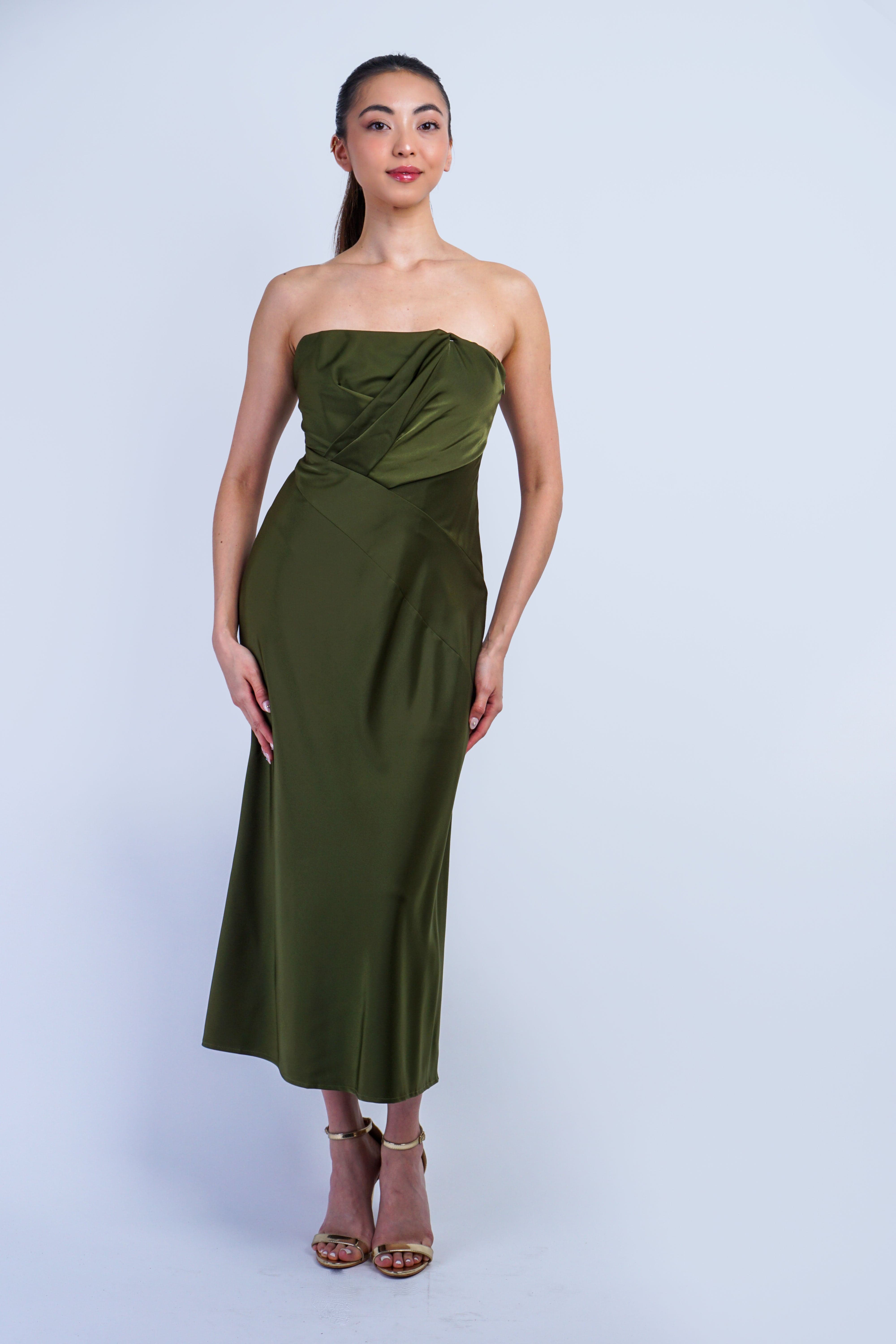 Private Label DRESSES Olive Pleated Strapless Midi Dress