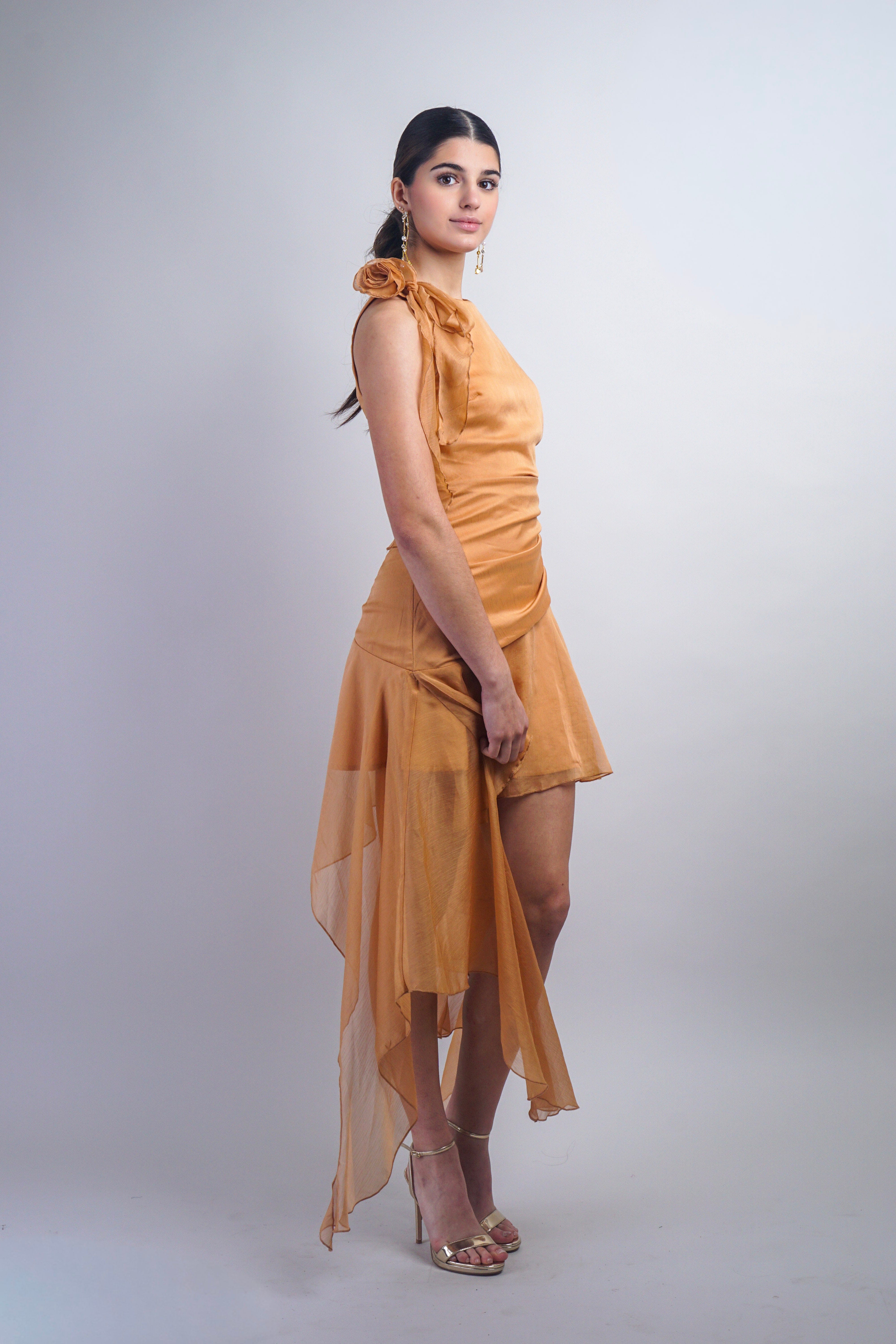 Private Label DRESSES Orange High Low Side Mini Dress With Rose Ruffles