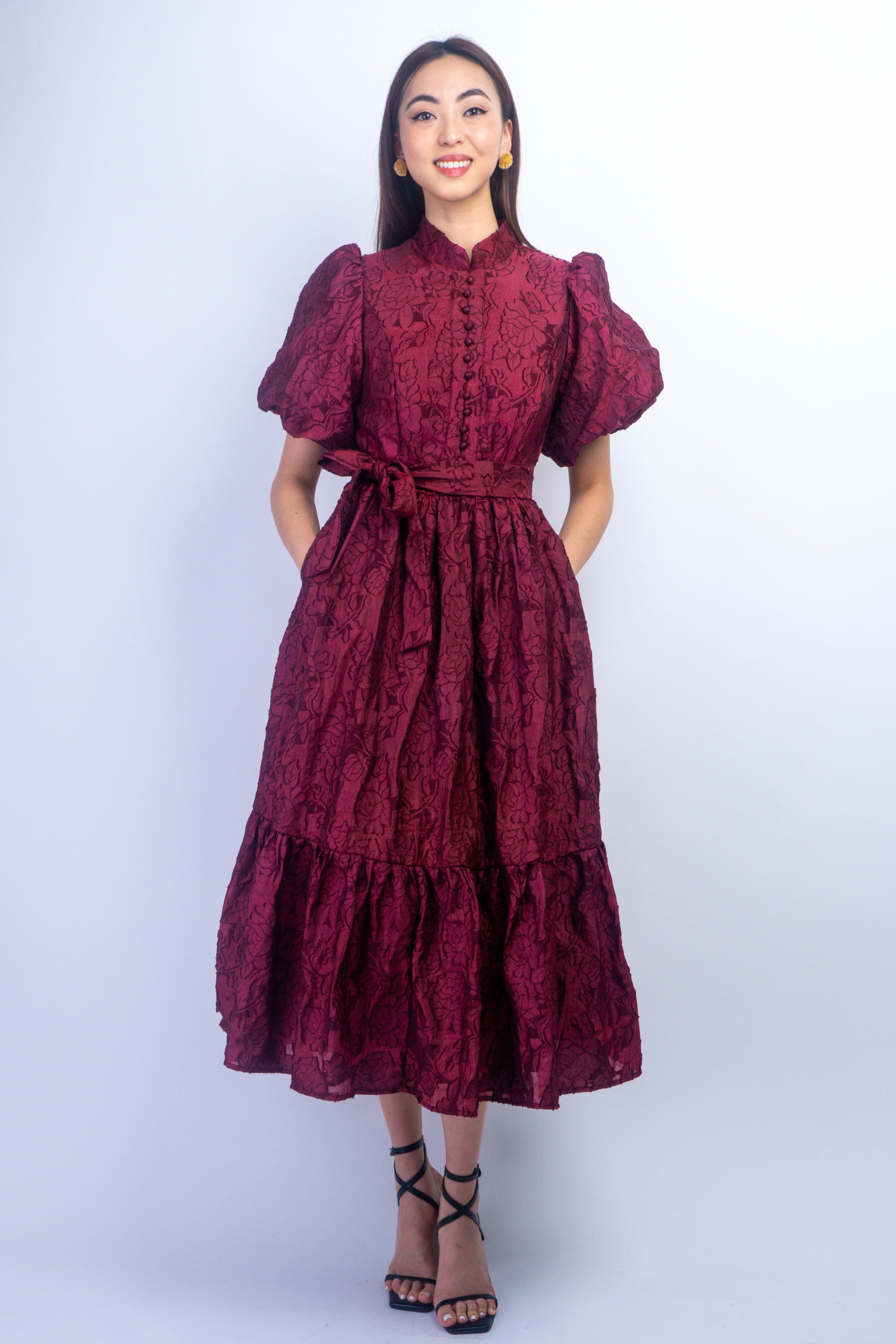 Private Label DRESSES Ox Blood Mock Puff Sleeve Maxi Dress