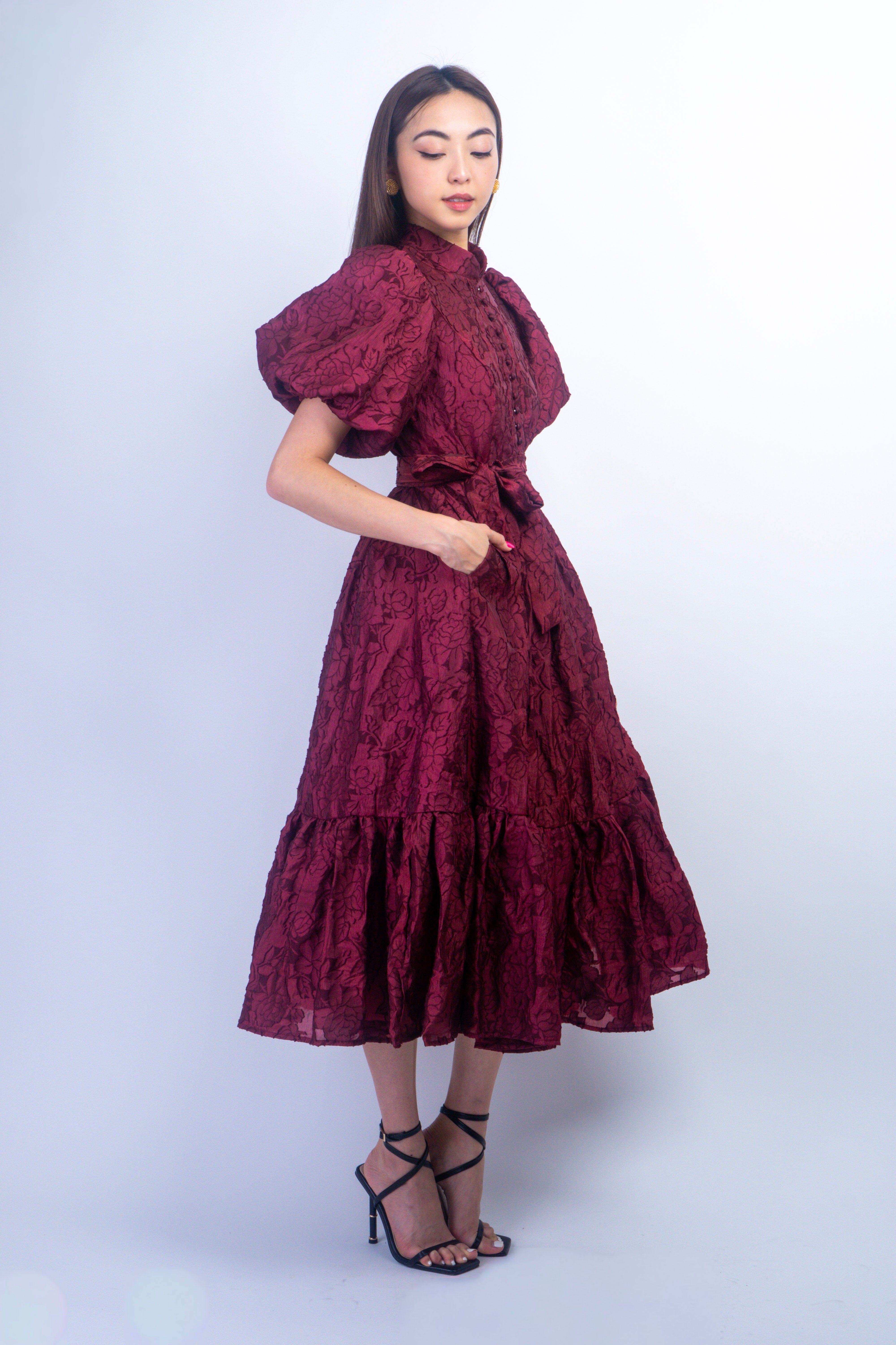 Private Label DRESSES Ox Blood Mock Puff Sleeve Maxi Dress