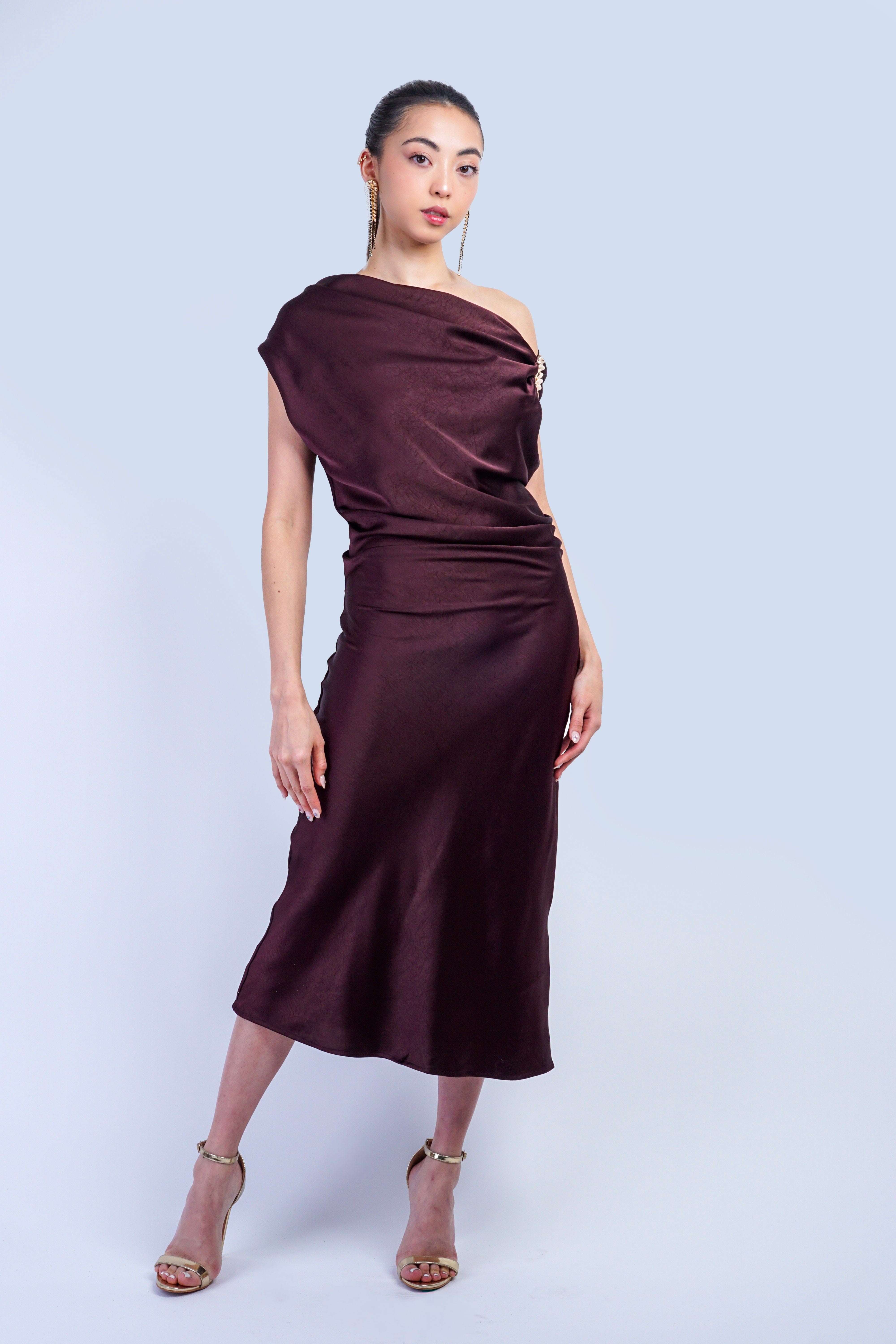 Private Label DRESSES Oxblood Off Shoulder Gold Trim Satin Dress