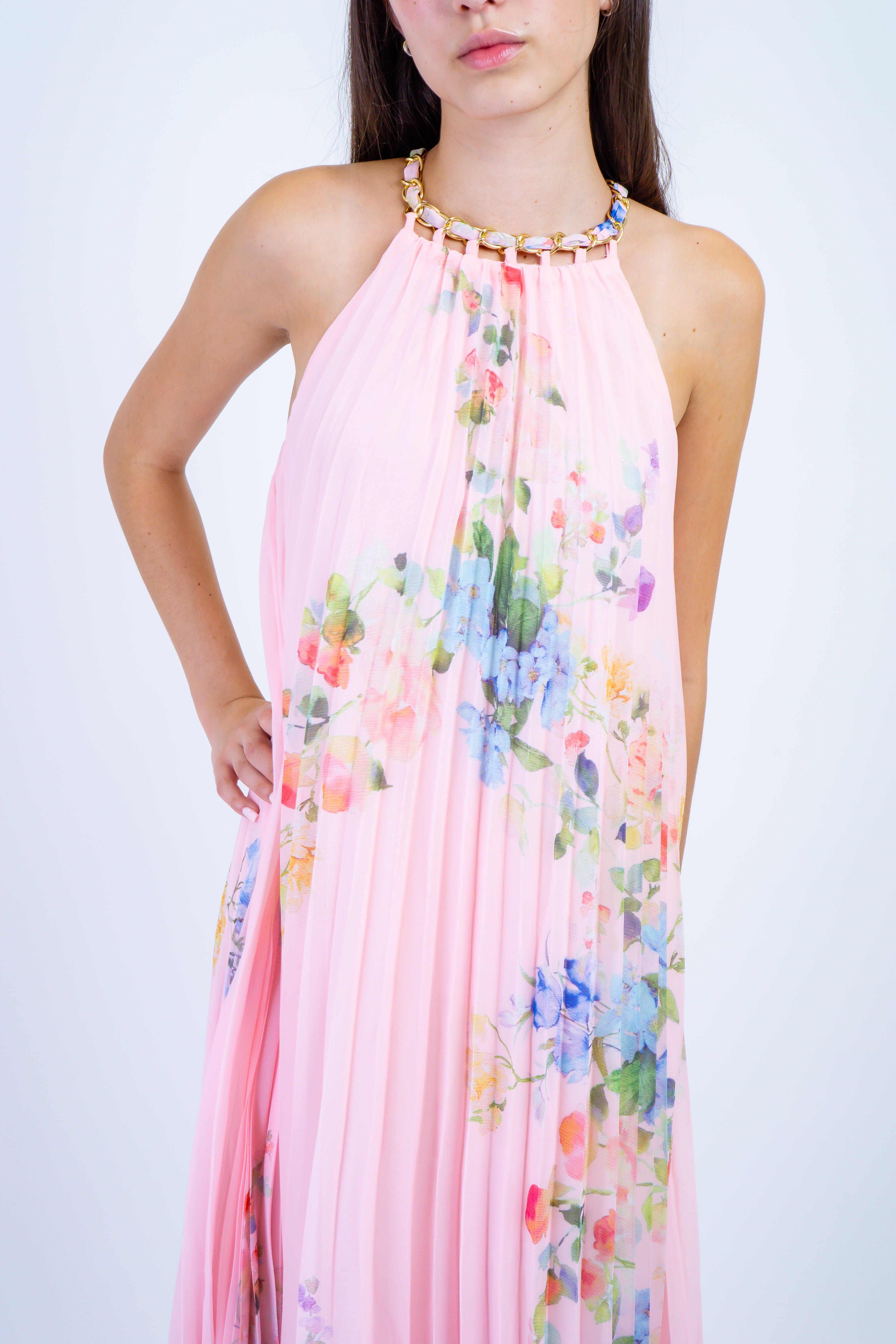 DCD DRESSES Pink Floral Sleeveless Chain Halter Pleated Dress