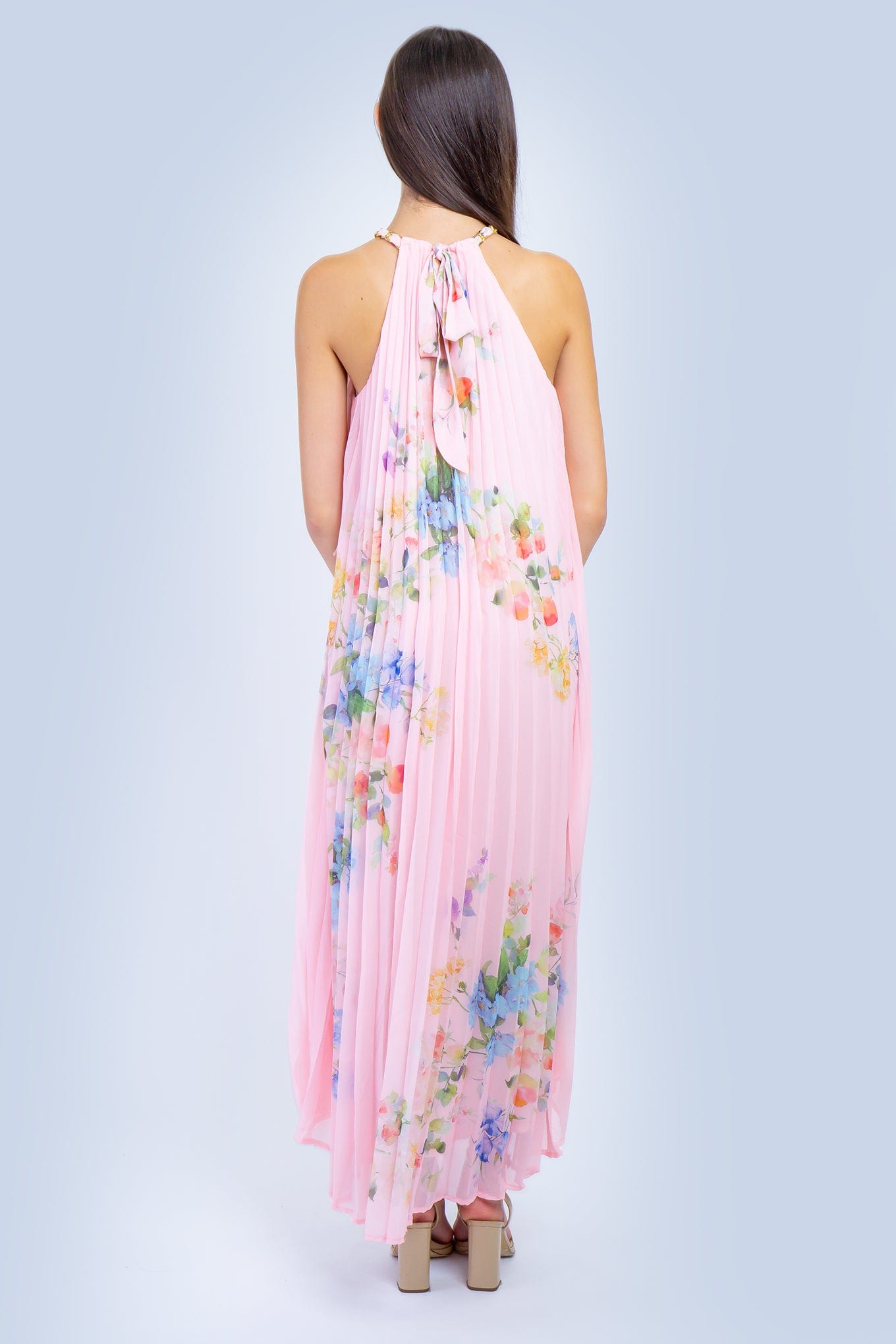 DCD DRESSES Pink Floral Sleeveless Chain Halter Pleated Dress