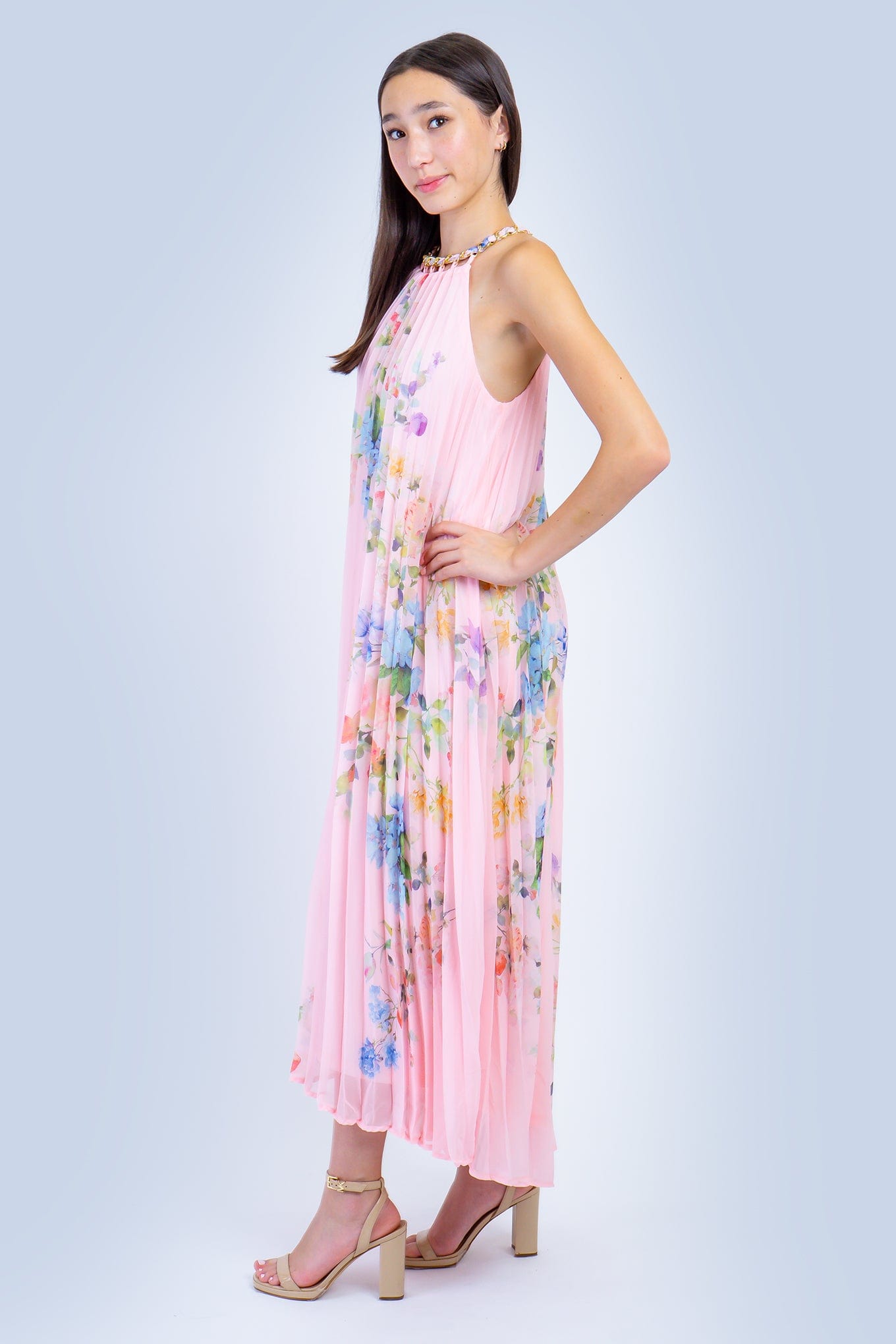 DCD DRESSES Pink Floral Sleeveless Chain Halter Pleated Dress