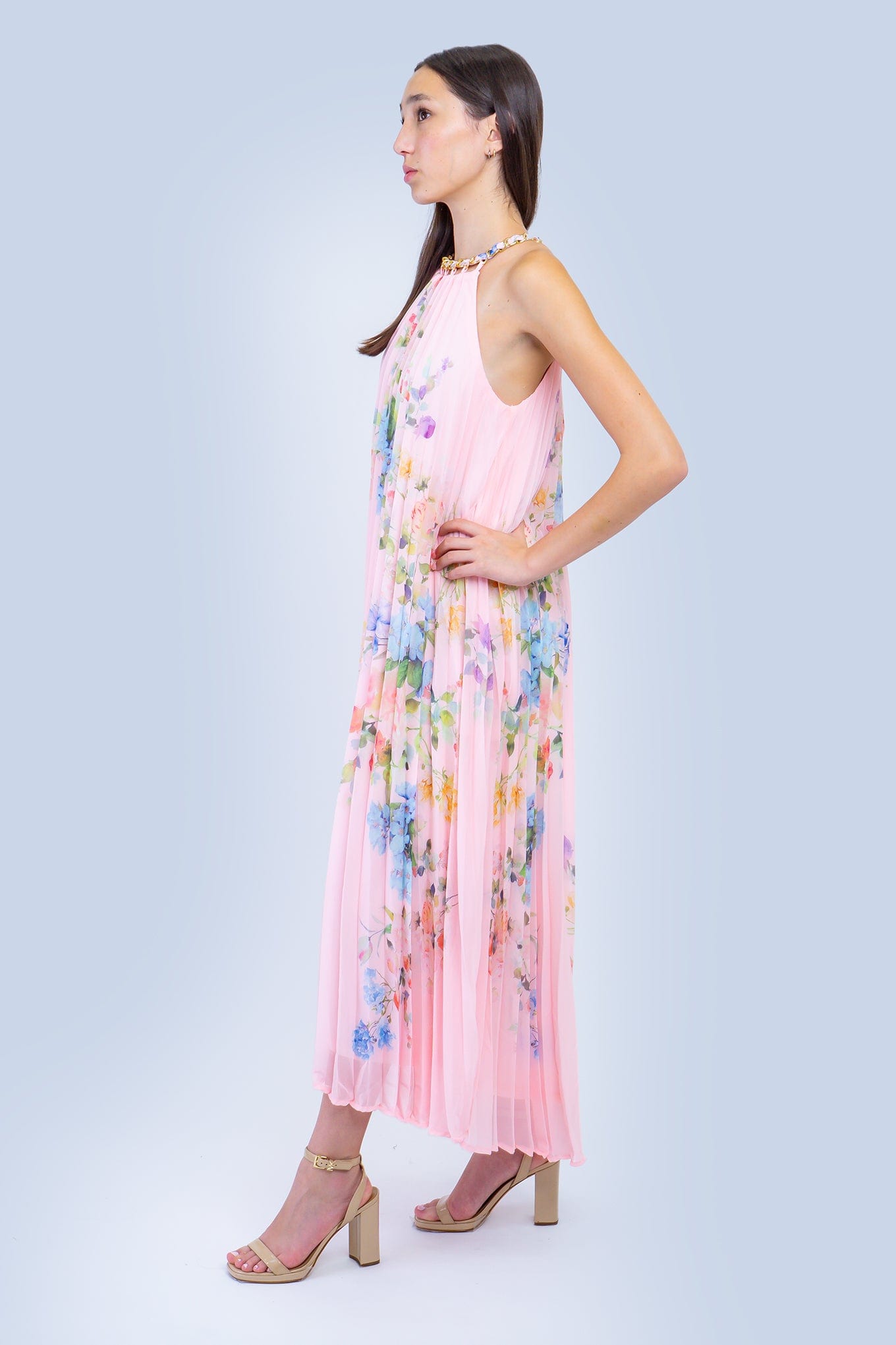 DCD DRESSES Pink Floral Sleeveless Chain Halter Pleated Dress