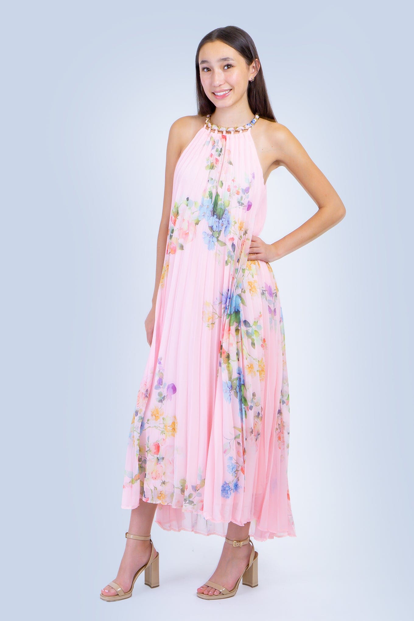 DCD DRESSES Pink Floral Sleeveless Chain Halter Pleated Dress
