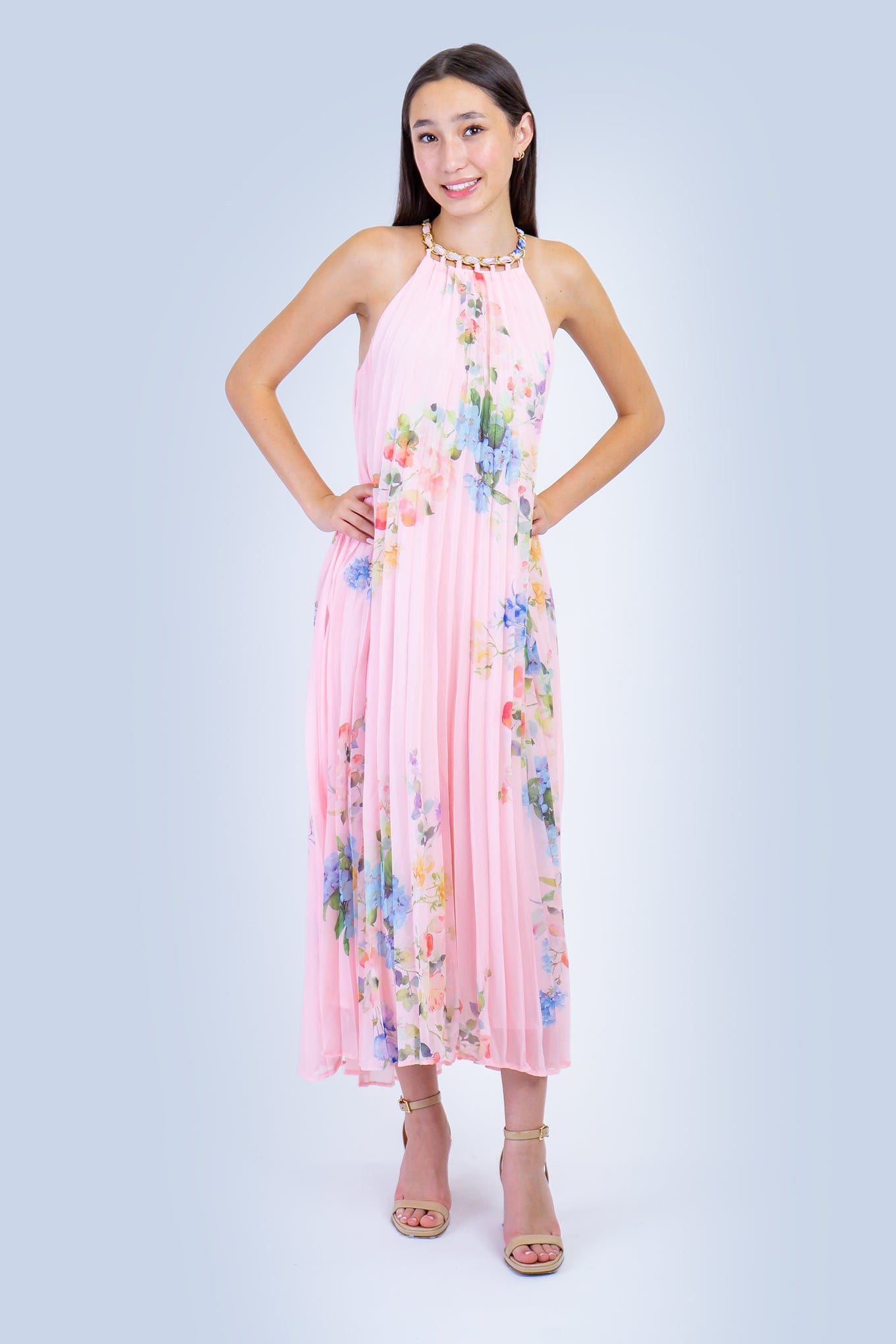 DCD DRESSES Pink Floral Sleeveless Chain Halter Pleated Dress