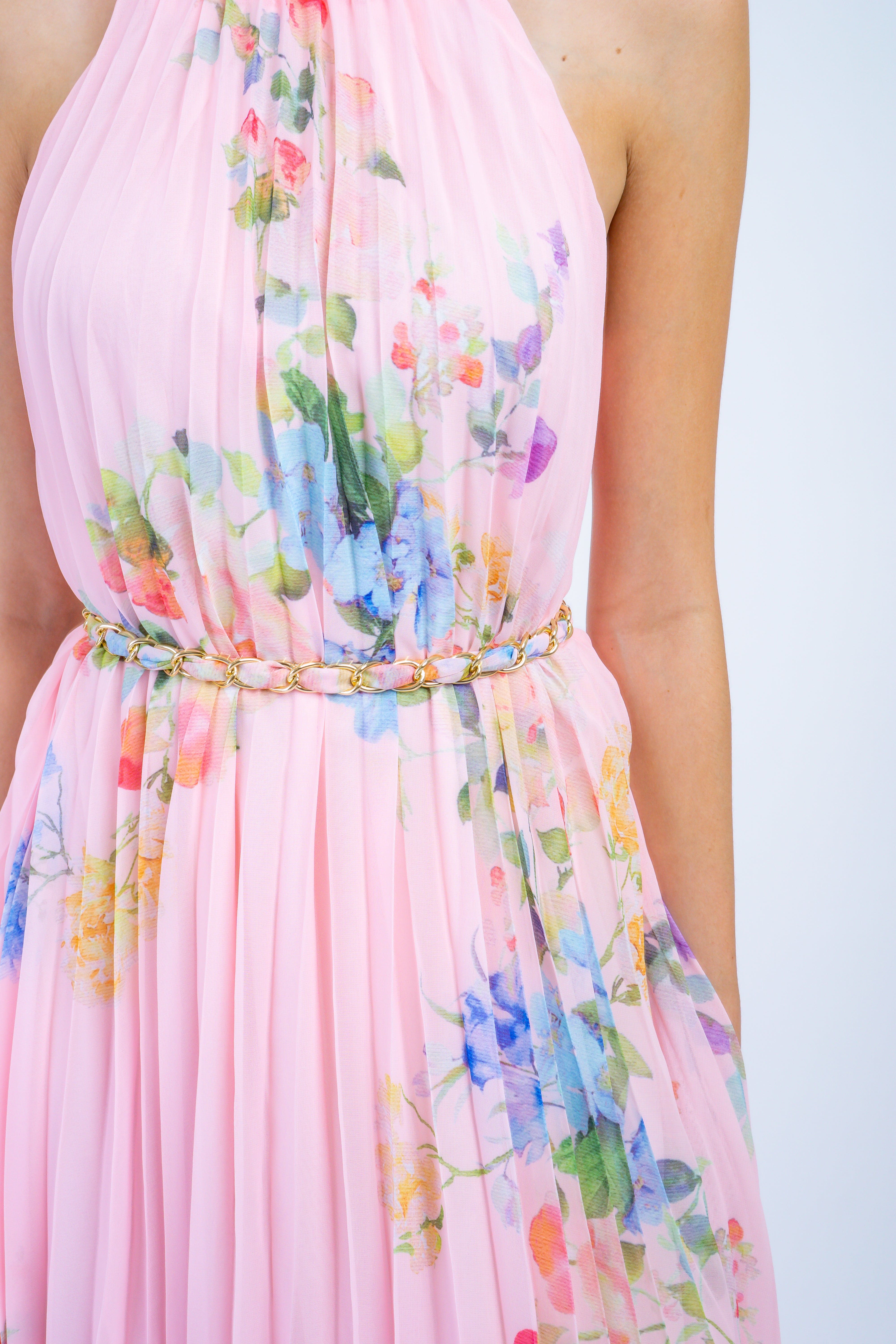 DCD DRESSES Pink Floral Sleeveless Chain Halter Pleated Dress