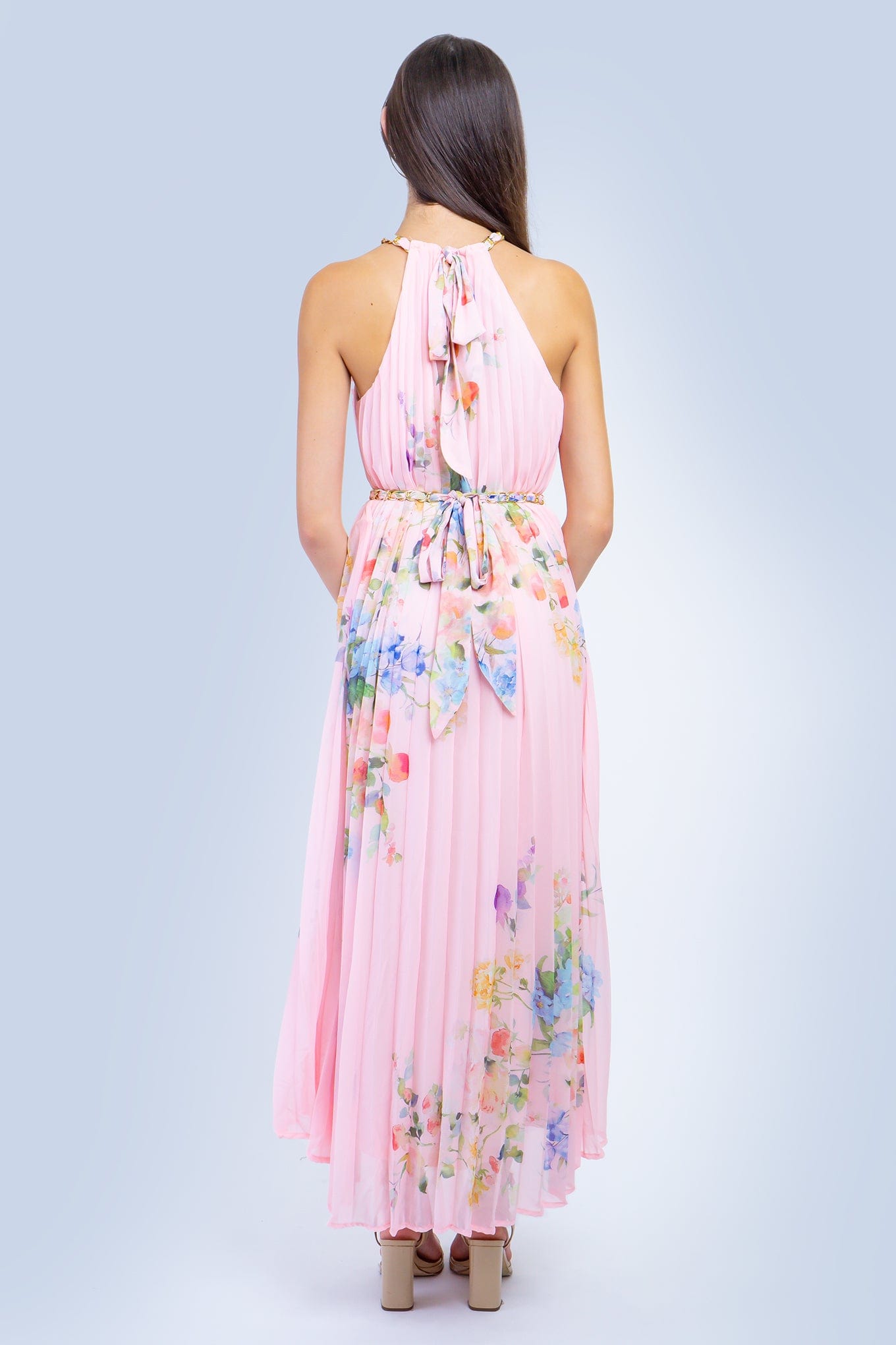 DCD DRESSES Pink Floral Sleeveless Chain Halter Pleated Dress