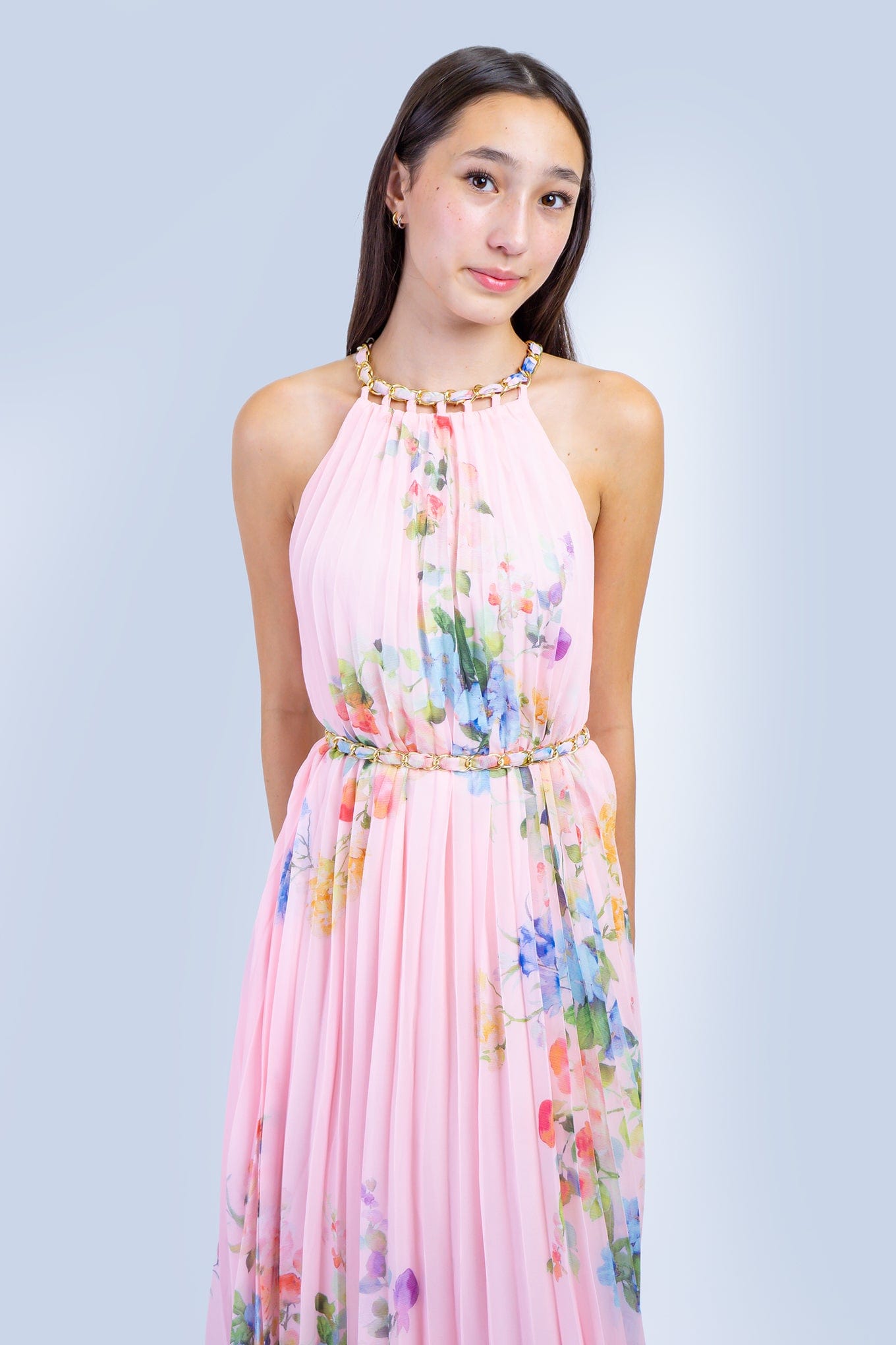 DCD DRESSES Pink Floral Sleeveless Chain Halter Pleated Dress