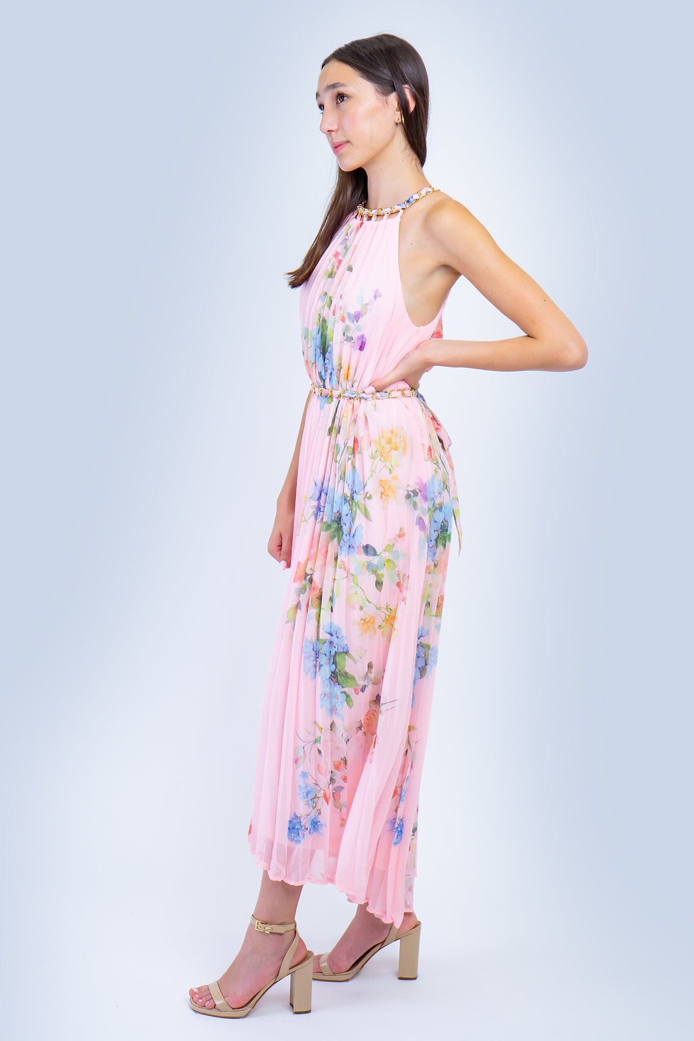 DCD DRESSES Pink Floral Sleeveless Chain Halter Pleated Dress