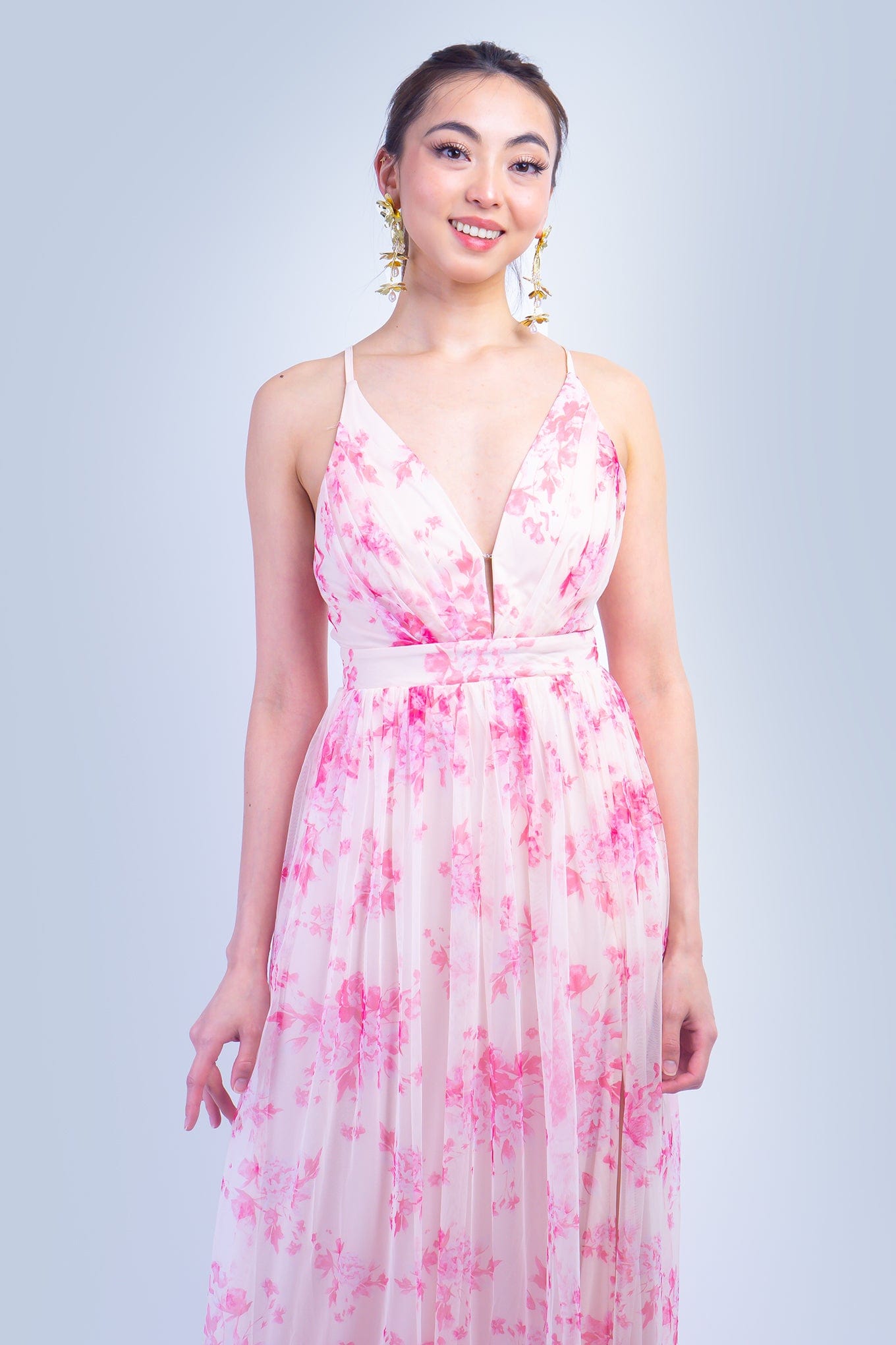 DCD DRESSES Pink Floral Tulle V-Neck Gown