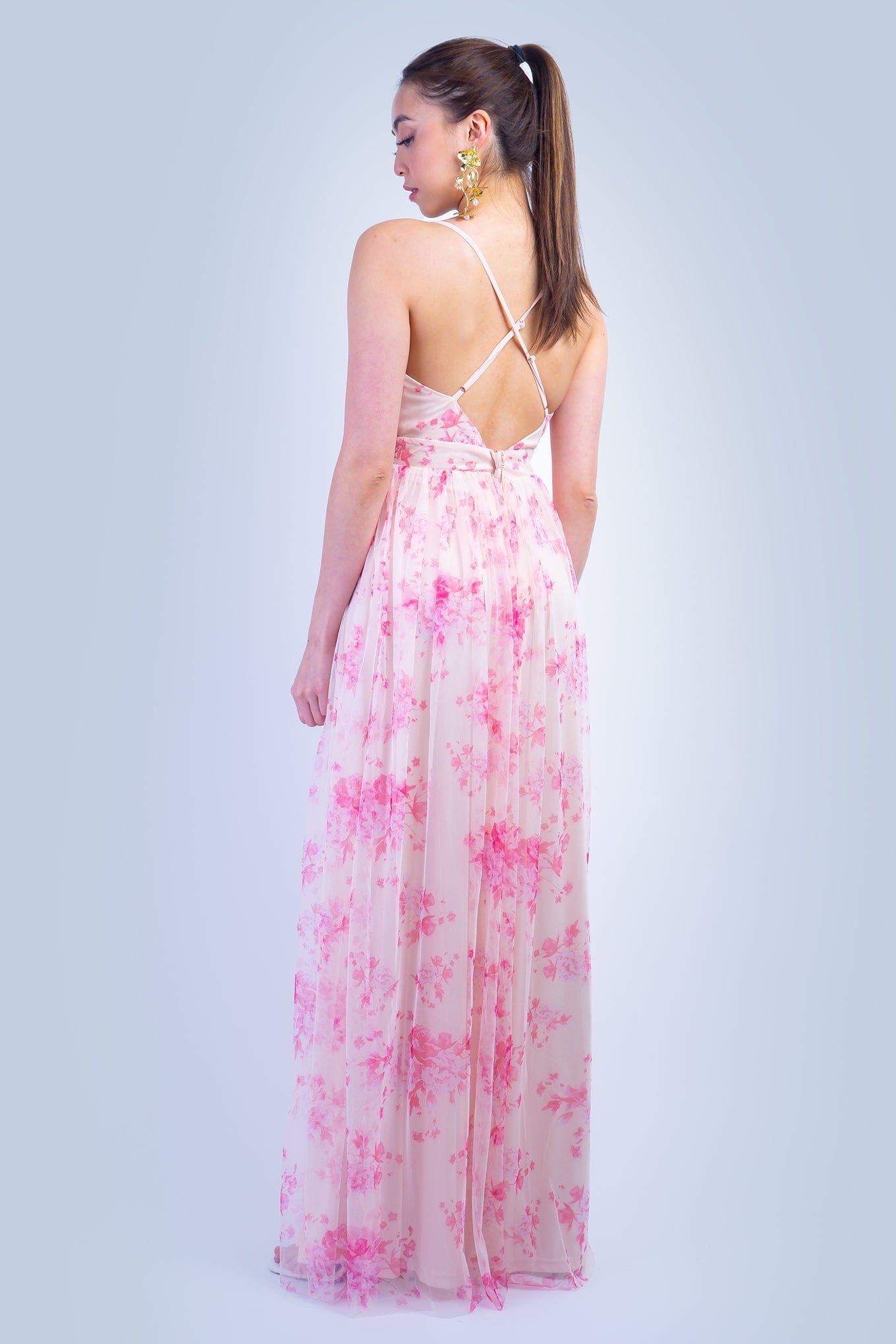 DCD DRESSES Pink Floral Tulle V-Neck Gown