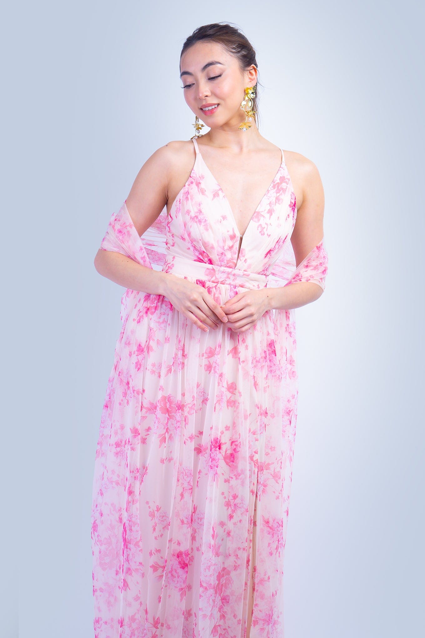 DCD DRESSES Pink Floral Tulle V-Neck Gown