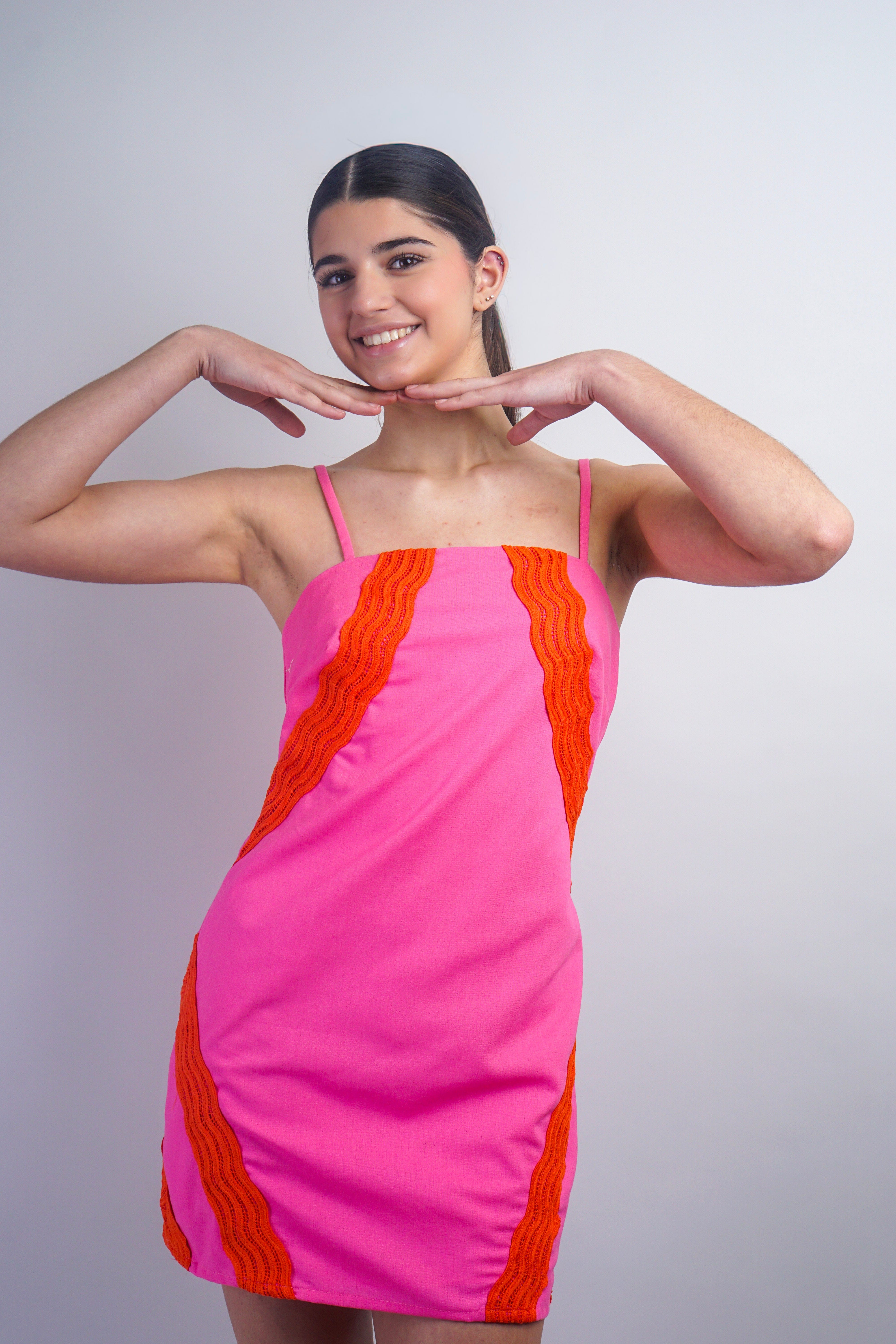 Private Label DRESSES Pink & Orange Wavy Lace Trim Linen Mini Dress