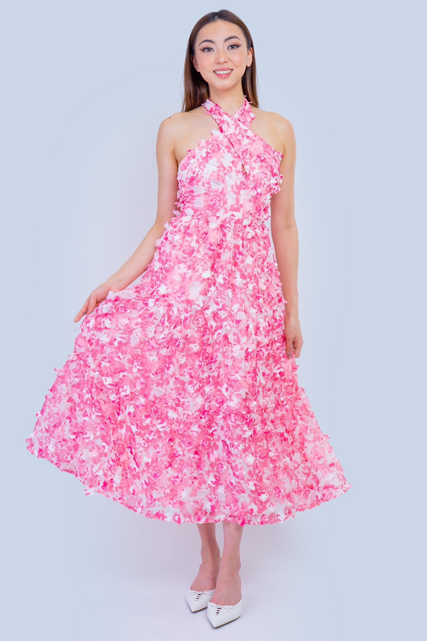 DCD DRESSES Pink White 3D Halter Midi Dress