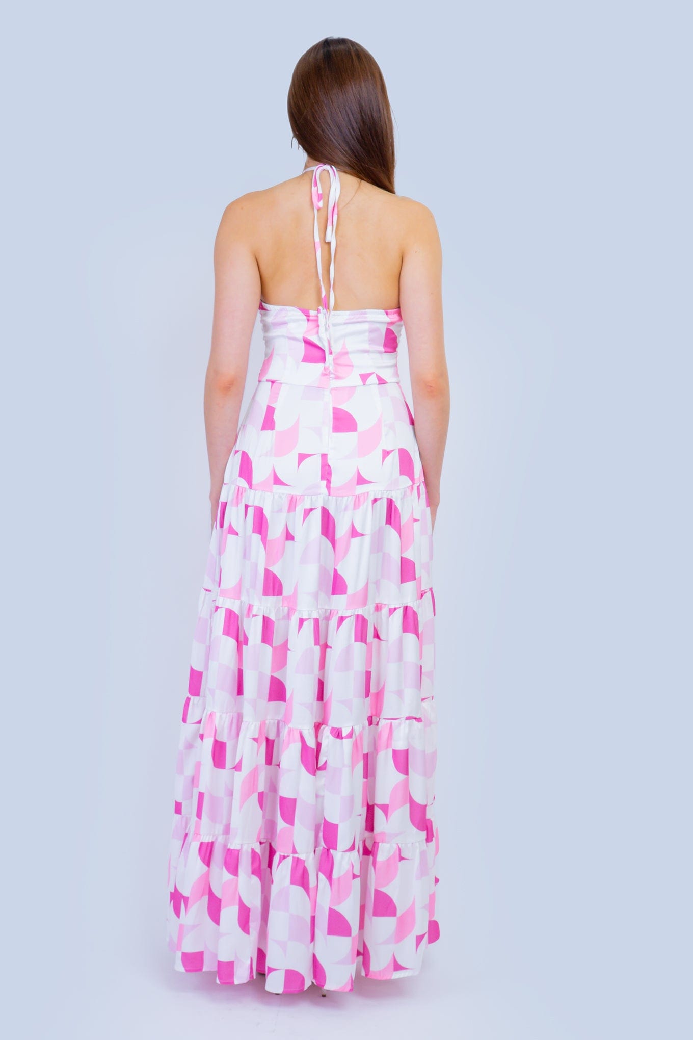 DCD DRESSES Pink White Geo Halter Maxi Dress