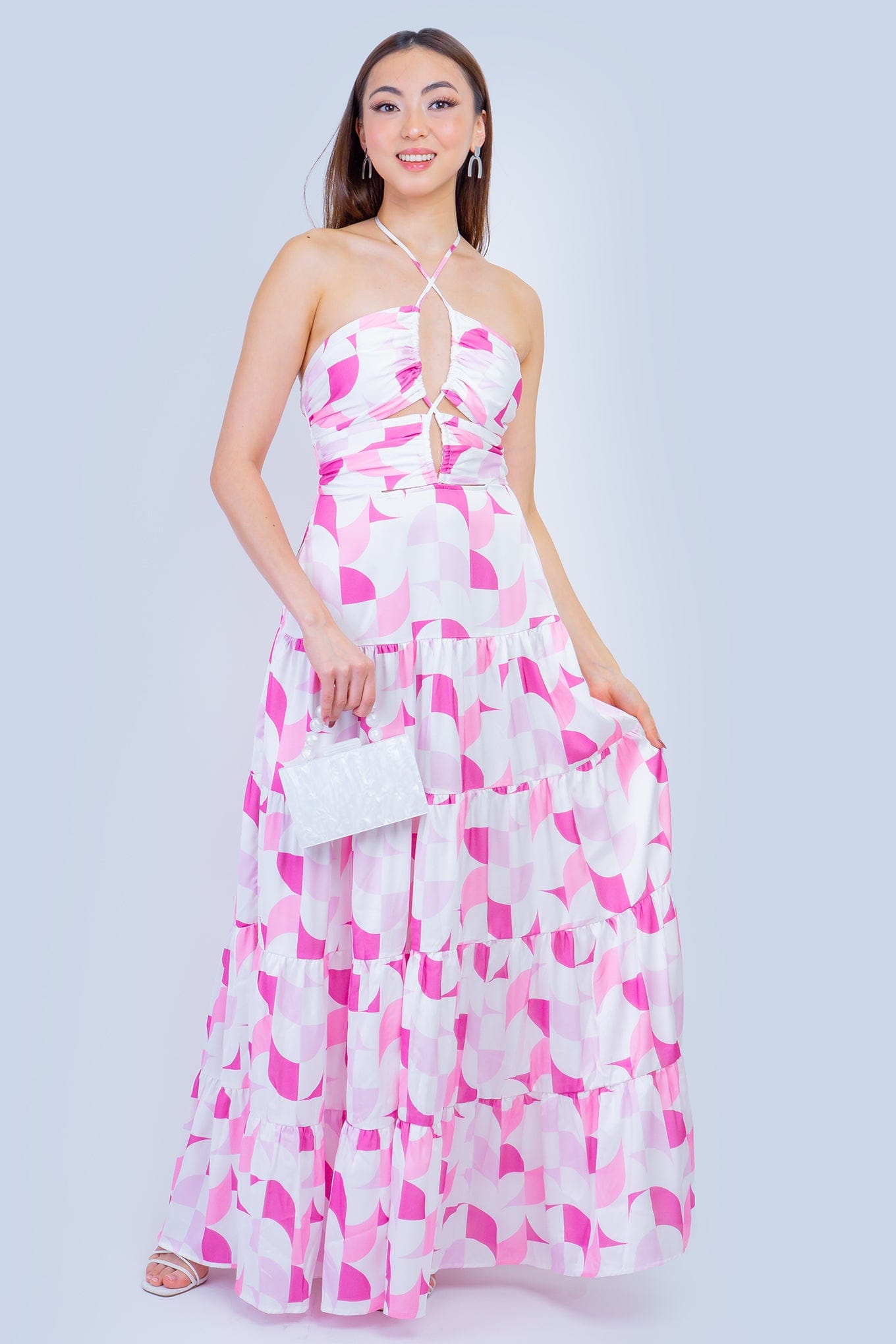 DCD DRESSES Pink White Geo Halter Maxi Dress