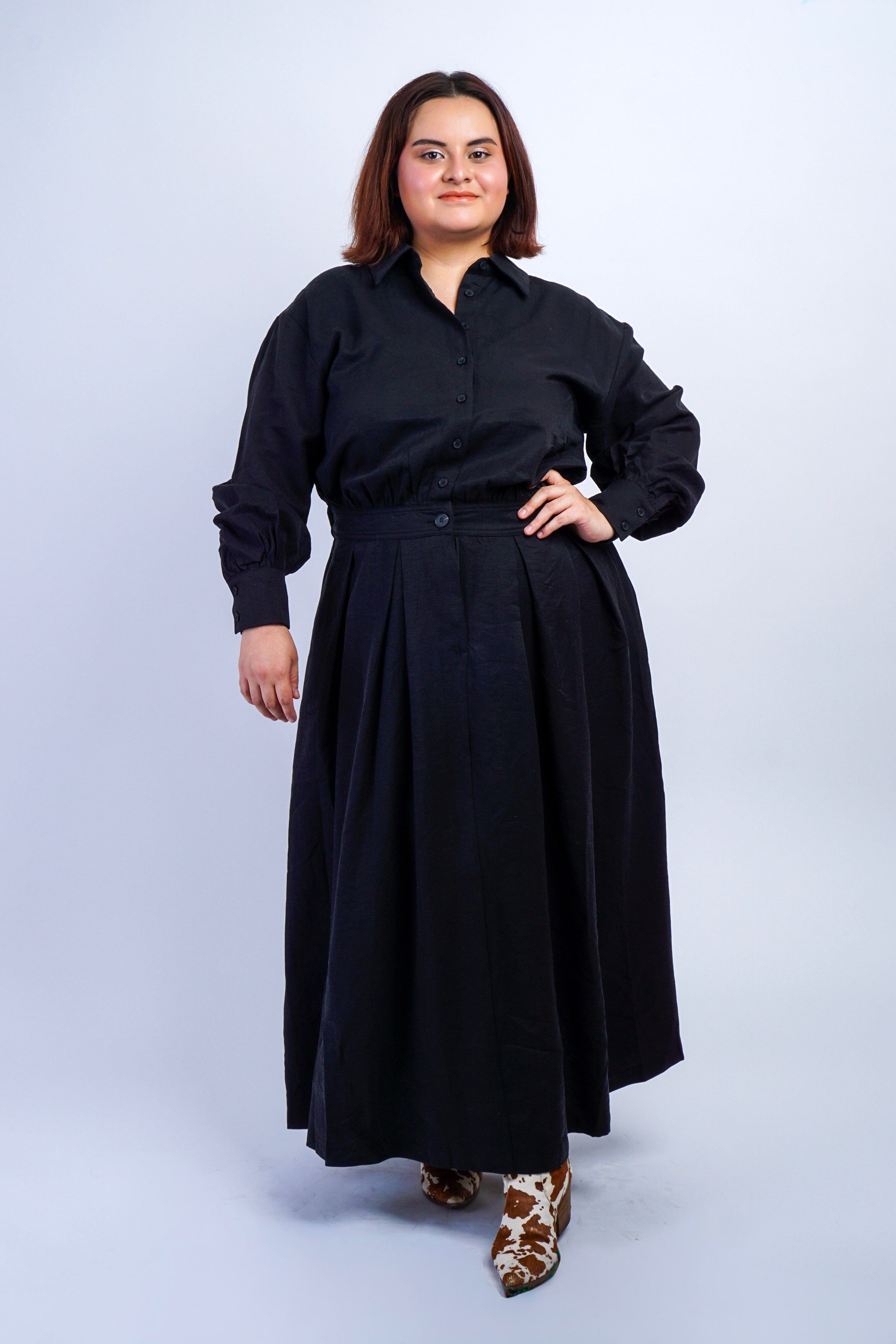 Plus Black Long Sleeve Shirt Midi Dress