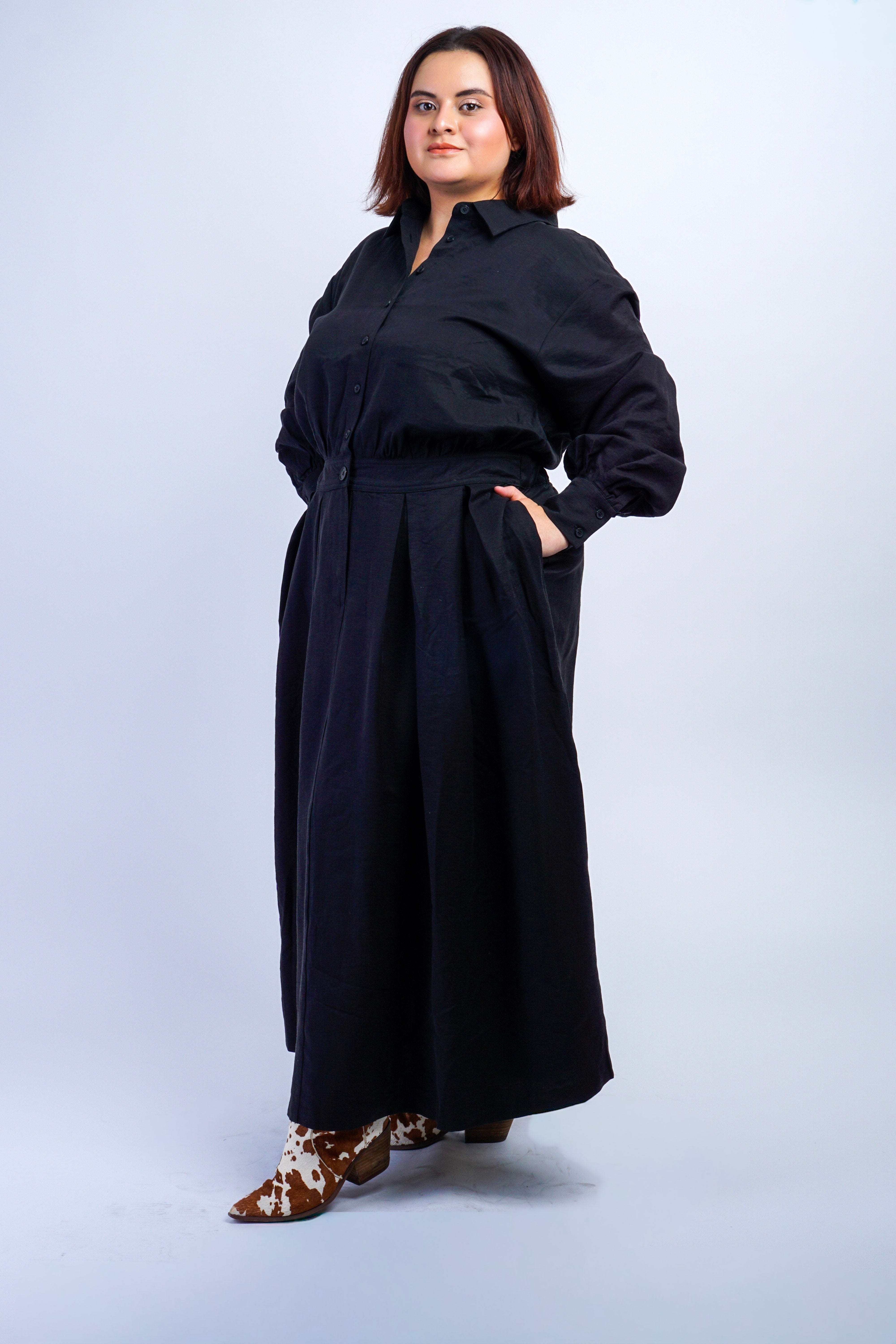 Private Label DRESSES Plus Black Long Sleeve Shirt Midi Dress