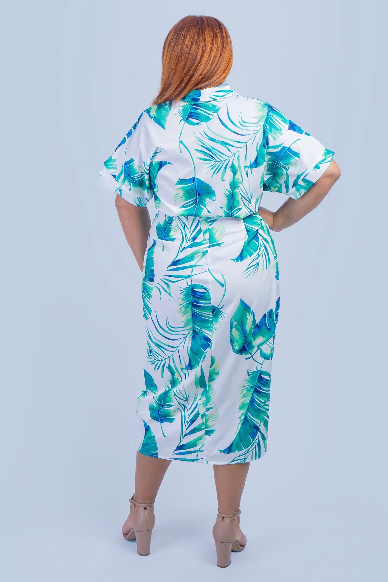 DCD DRESSES Plus Green Palm Leaf Drape Shirt Dress