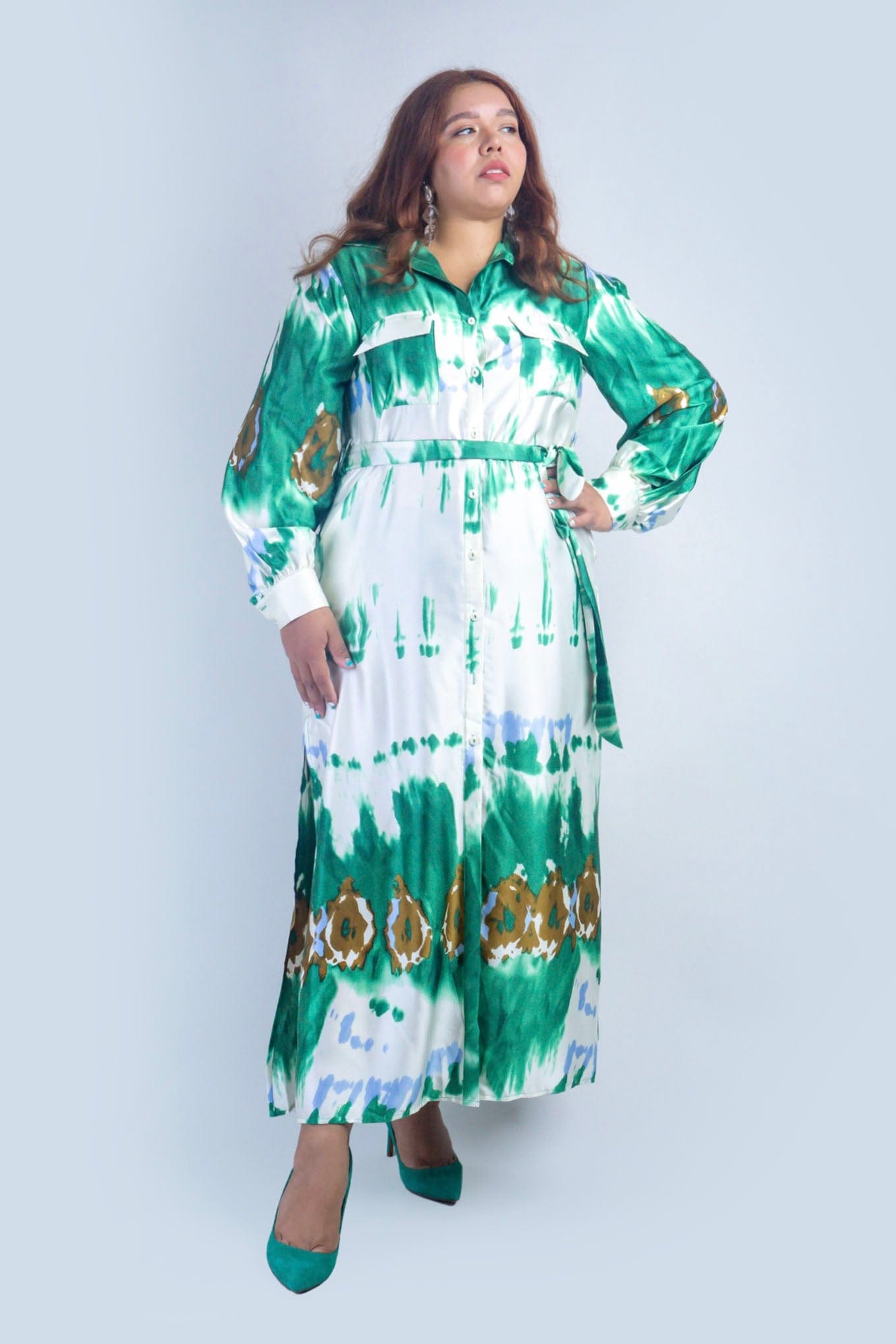 DCD DRESSES Plus Green Watercolor Maxi Shirt Dress