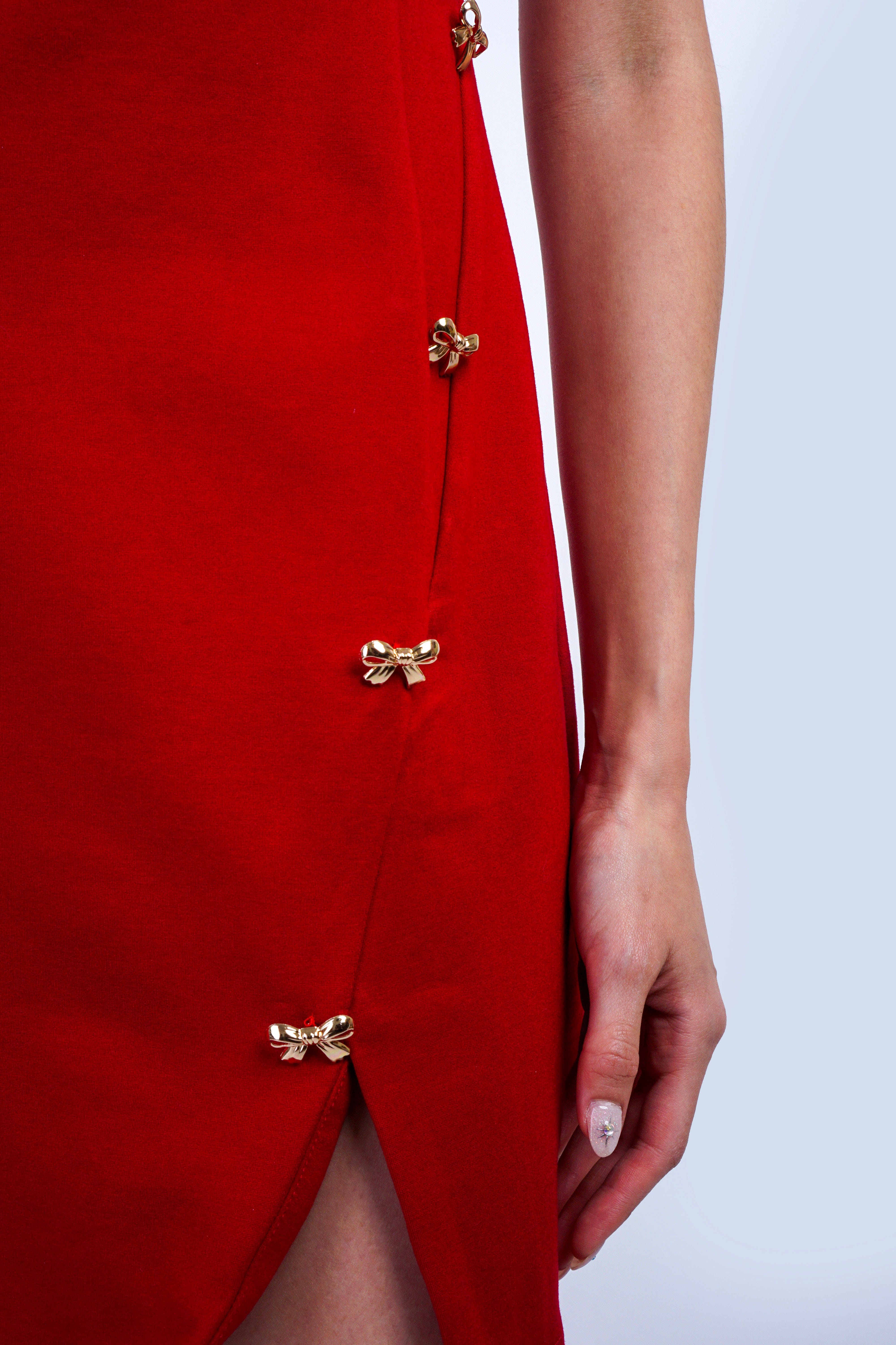 Private Label DRESSES Red Crew Neck Gold Bow Dress
