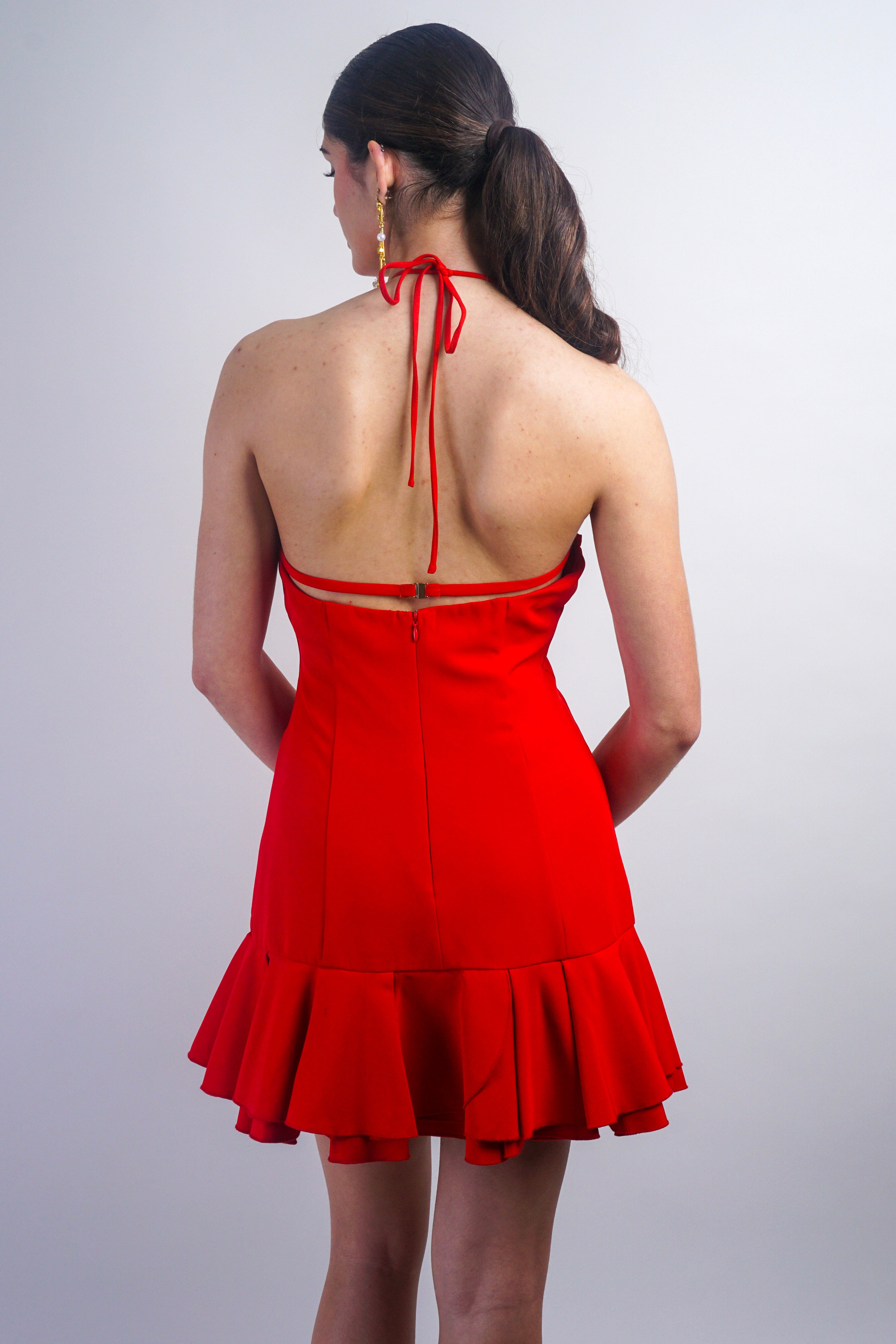 Private Label DRESSES Red Halter Flutter Panel Hem Dress