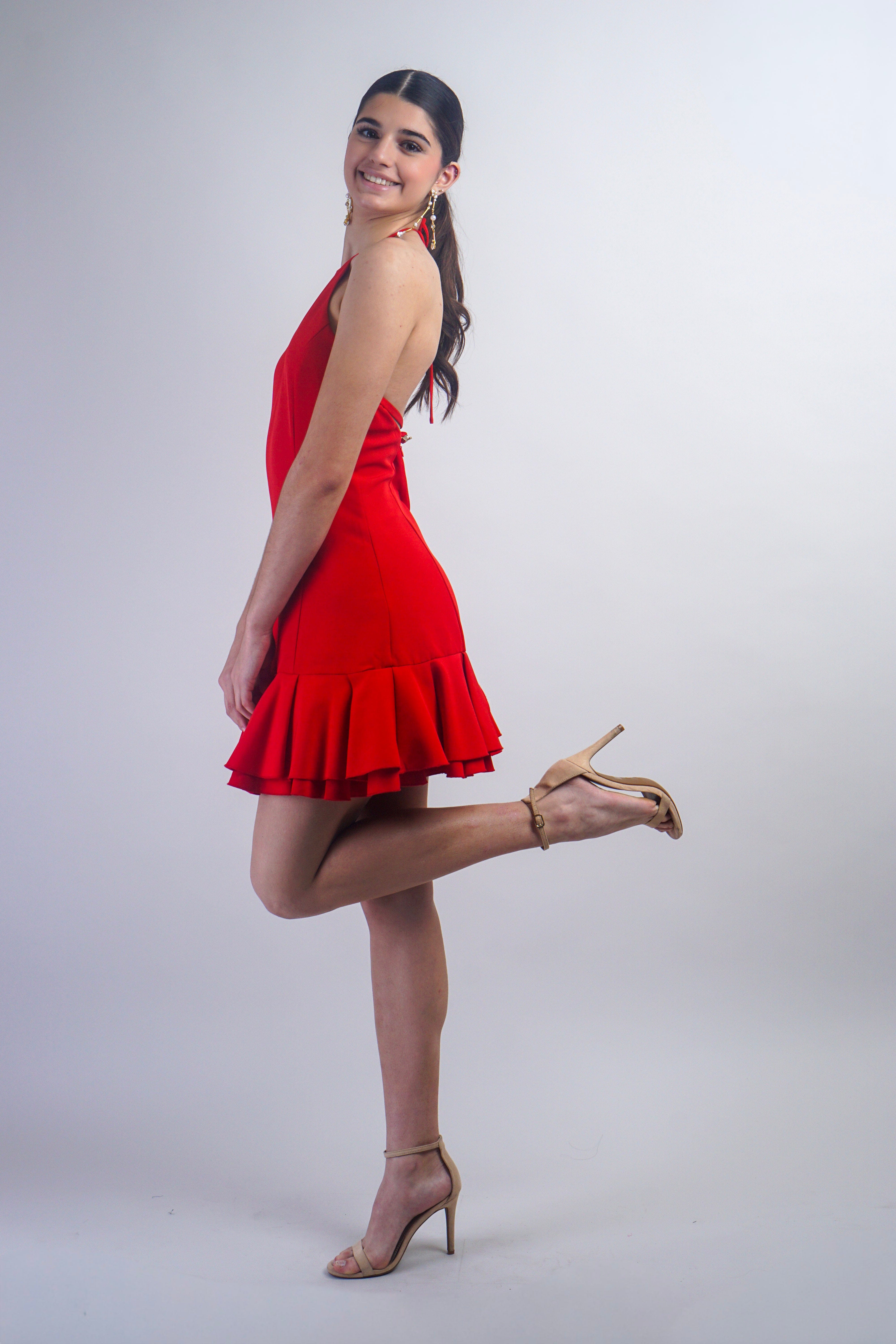 Private Label DRESSES Red Halter Flutter Panel Hem Dress