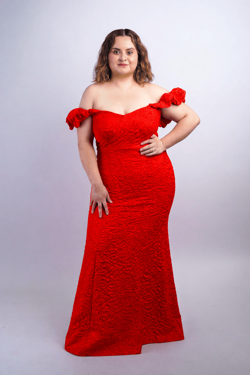 Private Label DRESSES Red Off Shoulder Jacquard Mermaid Gown