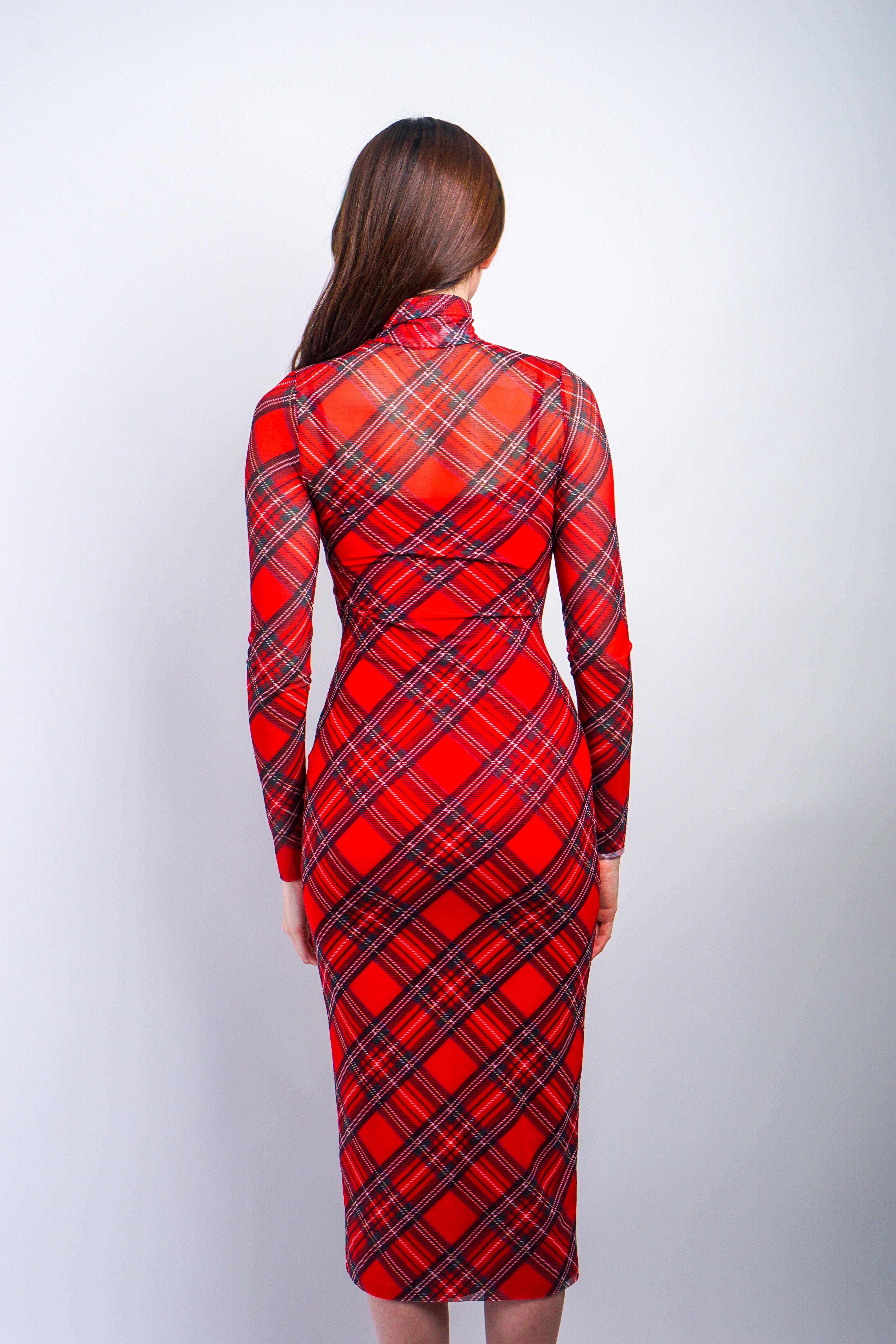 Private Label DRESSES Red Plaid Turtleneck Mesh Slip Midi Dress